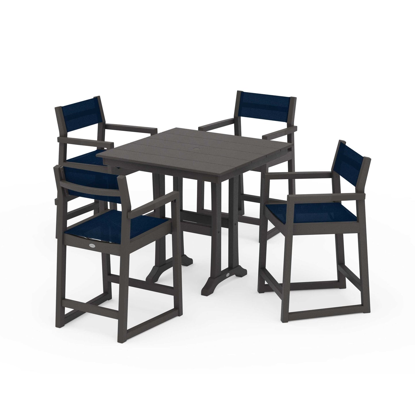 POLYWOOD EDGE Sling Arm Chair 5-Piece Farmhouse Counter Set with Trestle Legs — Vintage Coffee / Navy Blue Sling