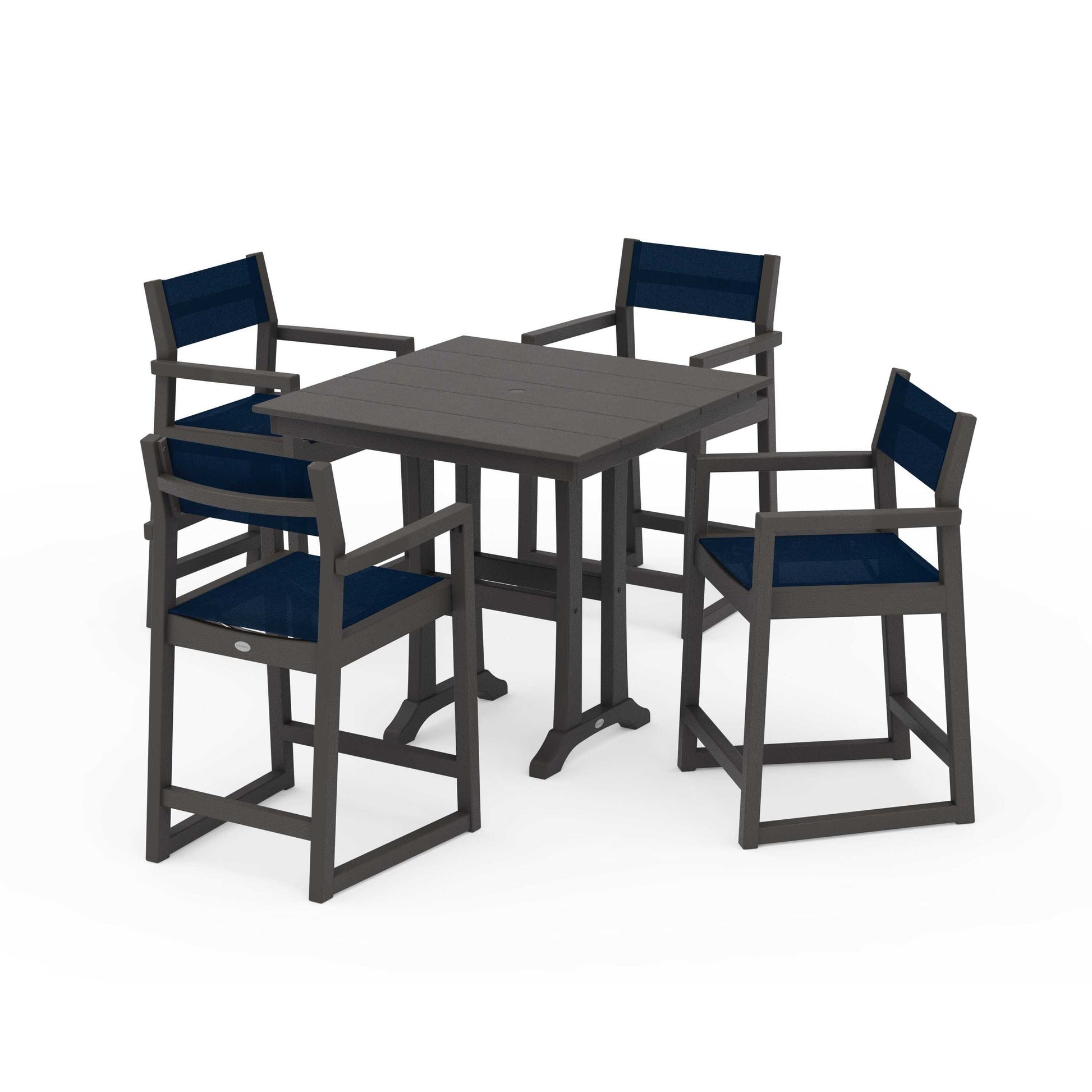 POLYWOOD EDGE Sling Arm Chair 5-Piece Farmhouse Counter Set with Trestle Legs — Vintage Coffee / Navy Blue Sling