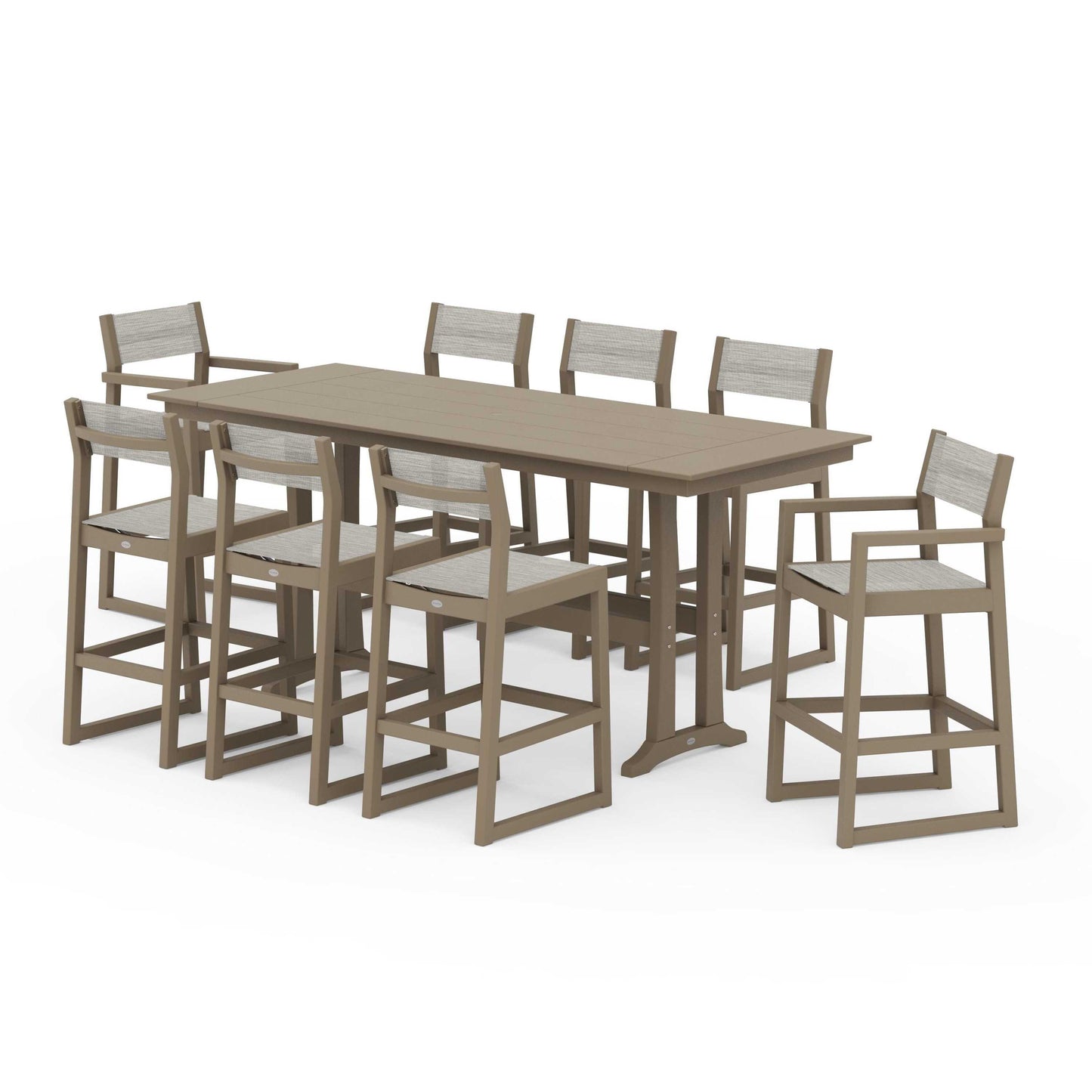 POLYWOOD EDGE Sling 9-Piece Farmhouse Bar Set with Trestle Legs — Vintage Sahara / Birch Sling