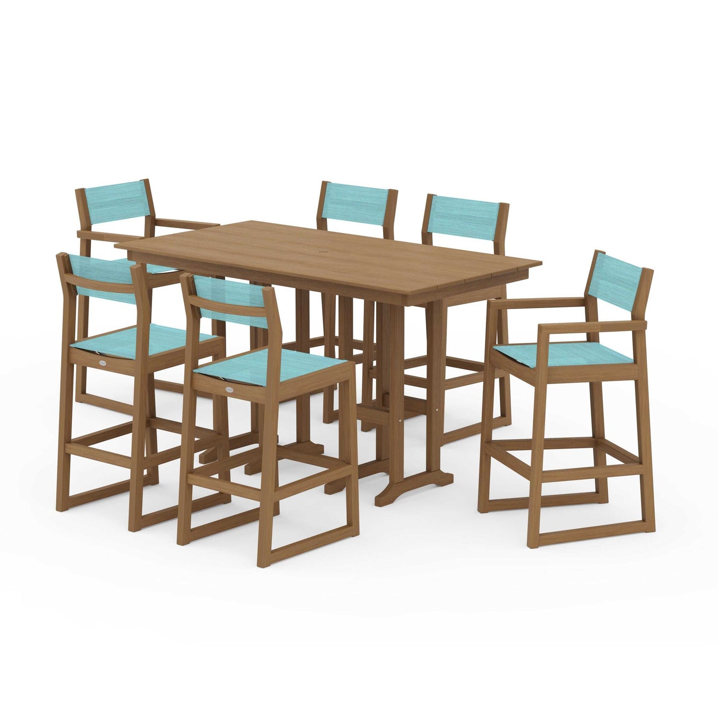 POLYWOOD EDGE Sling 7-Piece Farmhouse Bar Set — Natural / Dupioni Aquamarine Sling