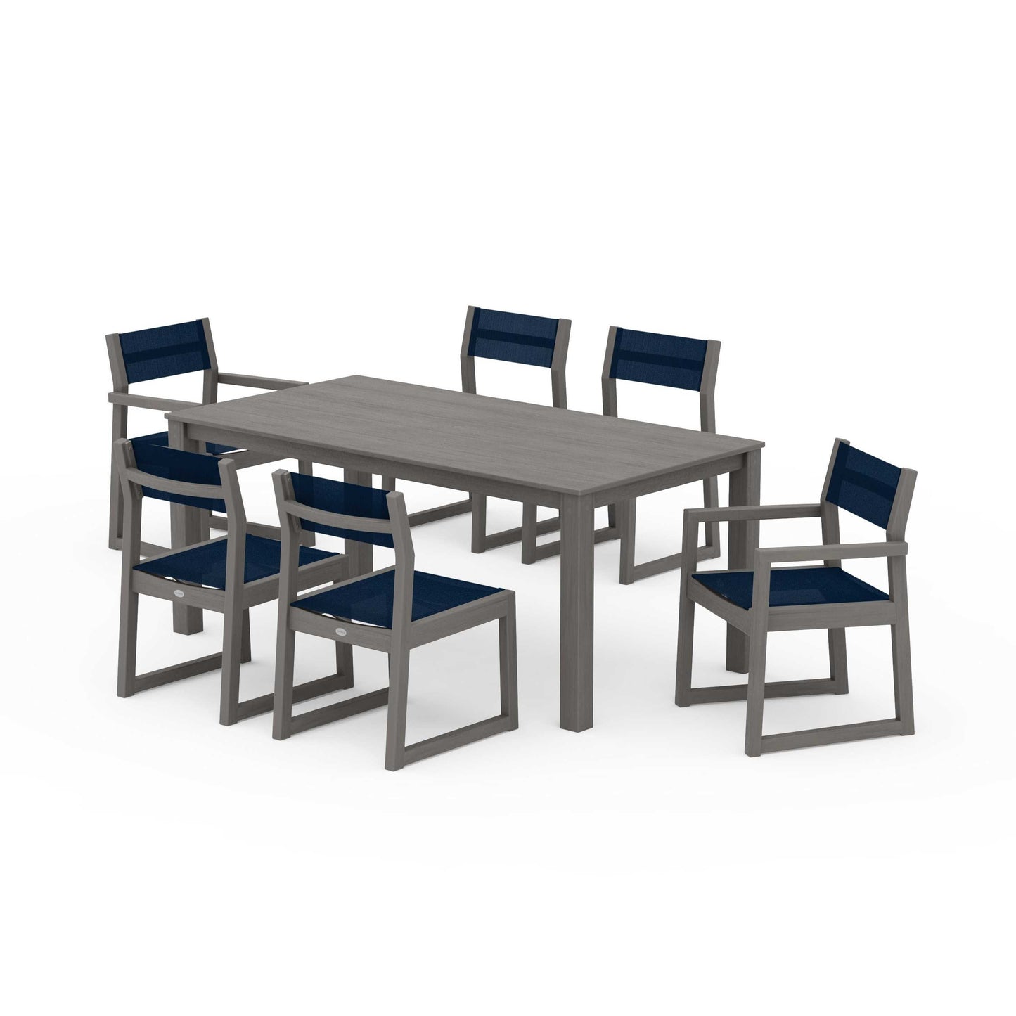 POLYWOOD EDGE Sling 7-Piece Parsons Dining Set — Driftwood / Navy Blue Sling