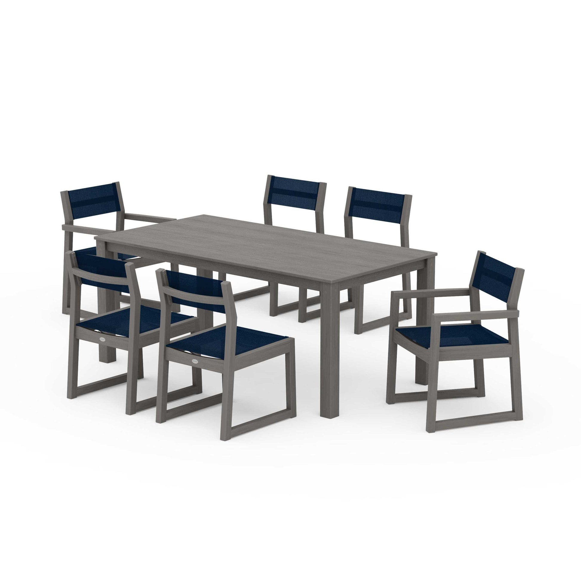 POLYWOOD EDGE Sling 7-Piece Parsons Dining Set — Driftwood / Navy Blue Sling