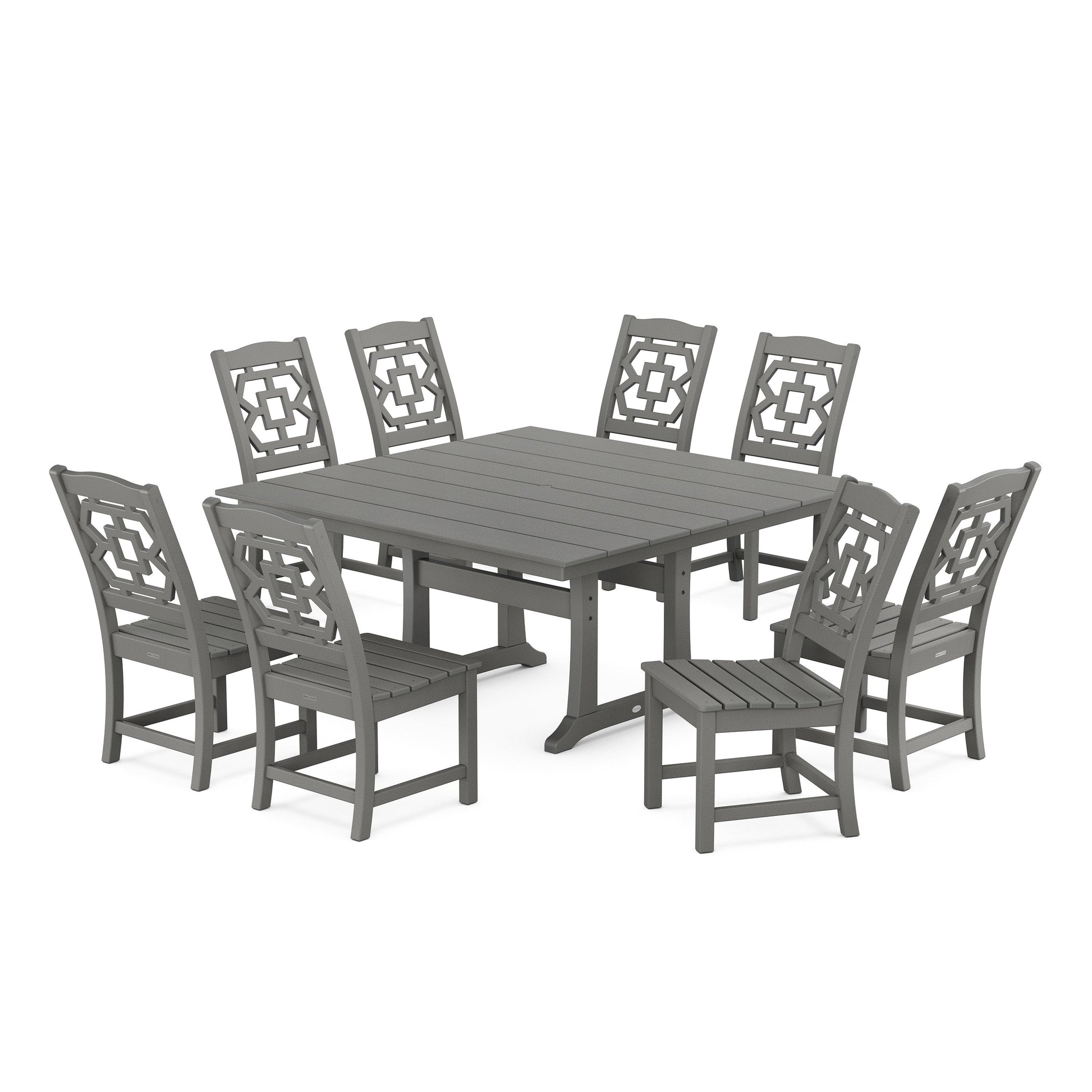 POLYWOOD Chinoiserie 9-Piece Square Farmhouse Side Chair Dining Set with Trestle Legs — Slate Grey