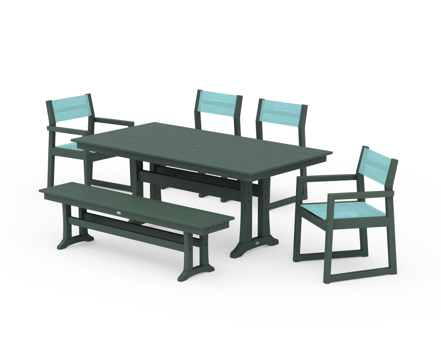 POLYWOOD EDGE Sling 6-Piece Farmhouse Dining Set With Trestle Legs — Green / Dupioni Aquamarine Sling