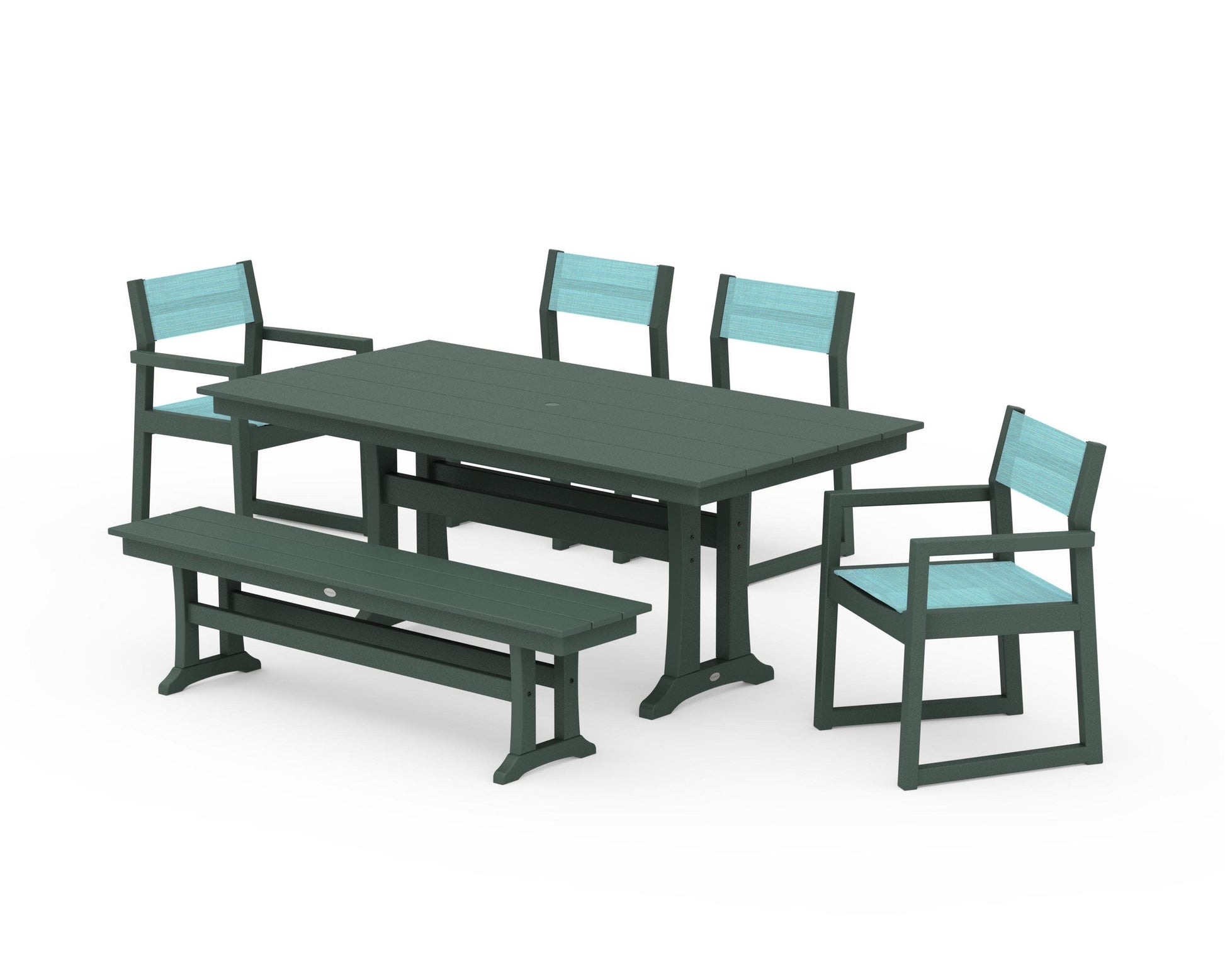 POLYWOOD EDGE Sling 6-Piece Farmhouse Dining Set With Trestle Legs — Green / Dupioni Aquamarine Sling