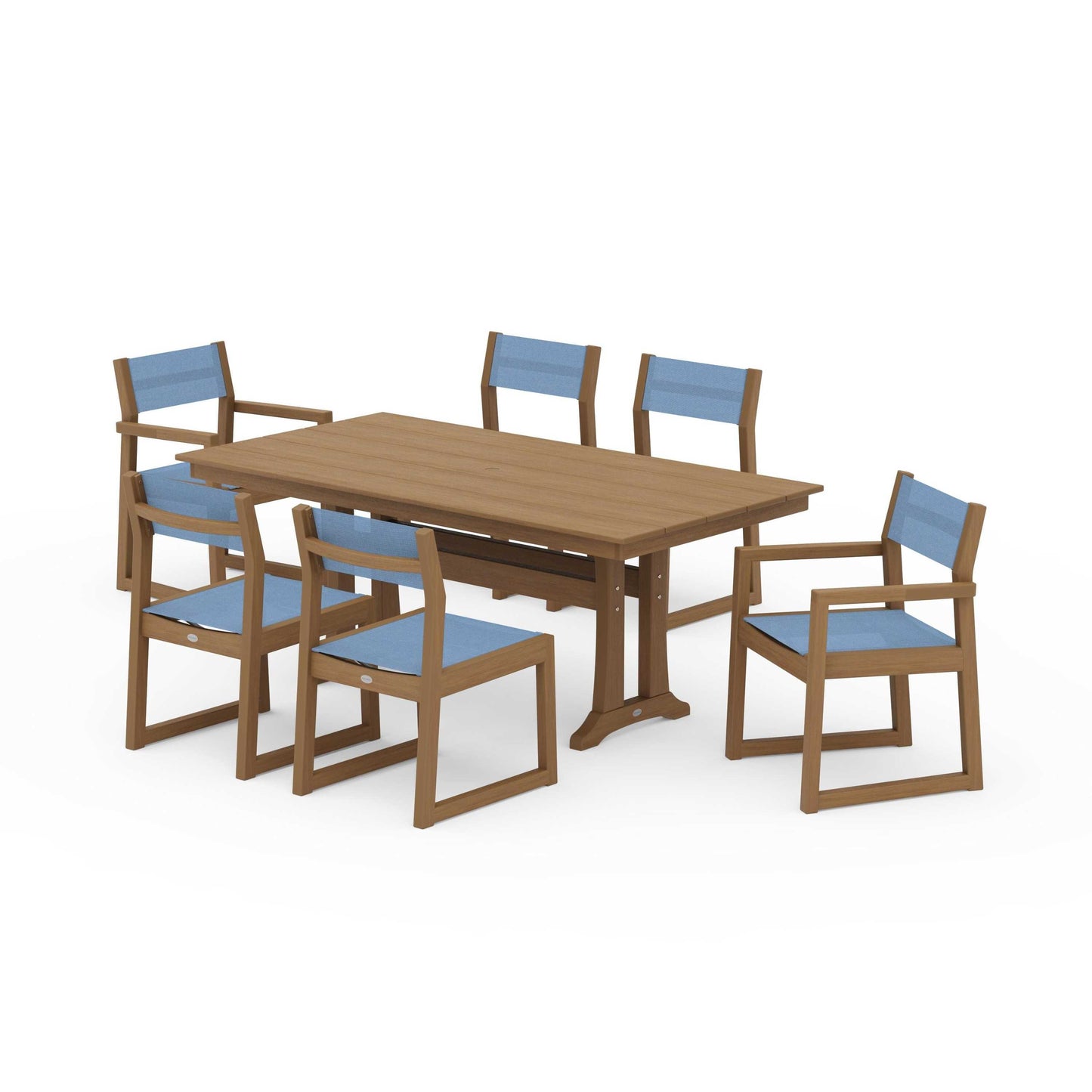 POLYWOOD EDGE Sling 7-Piece Farmhouse Trestle Dining Set — Natural / Poolside Sling