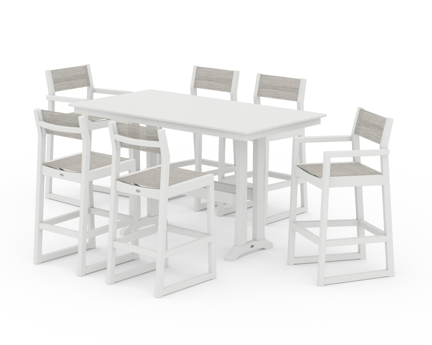 POLYWOOD EDGE Sling 7-Piece Farmhouse Bar Set with Trestle Legs — Vintage White / Birch Sling