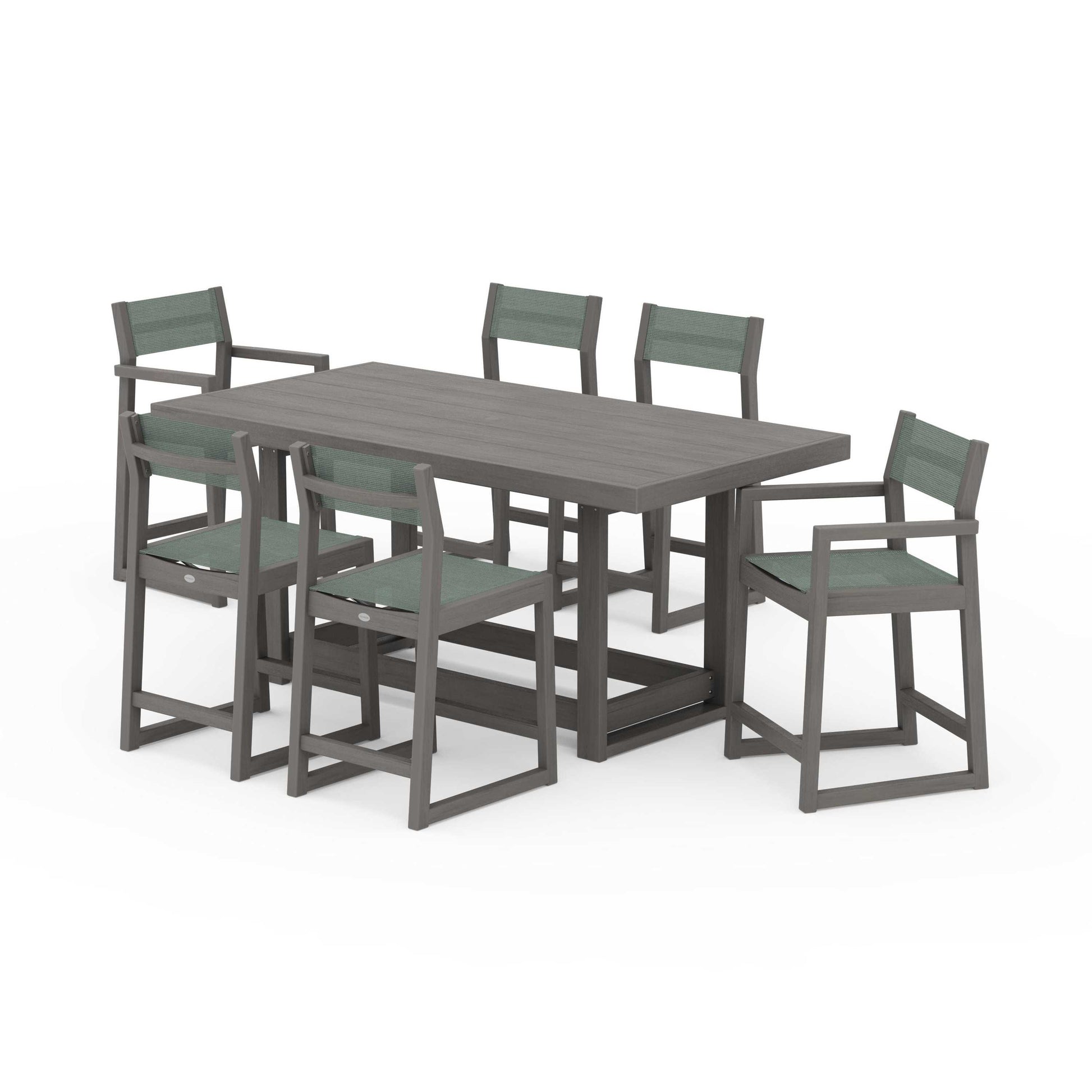 POLYWOOD EDGE Sling 7-Piece Counter Table Set — Driftwood / Dupioni Sea Mist Sling