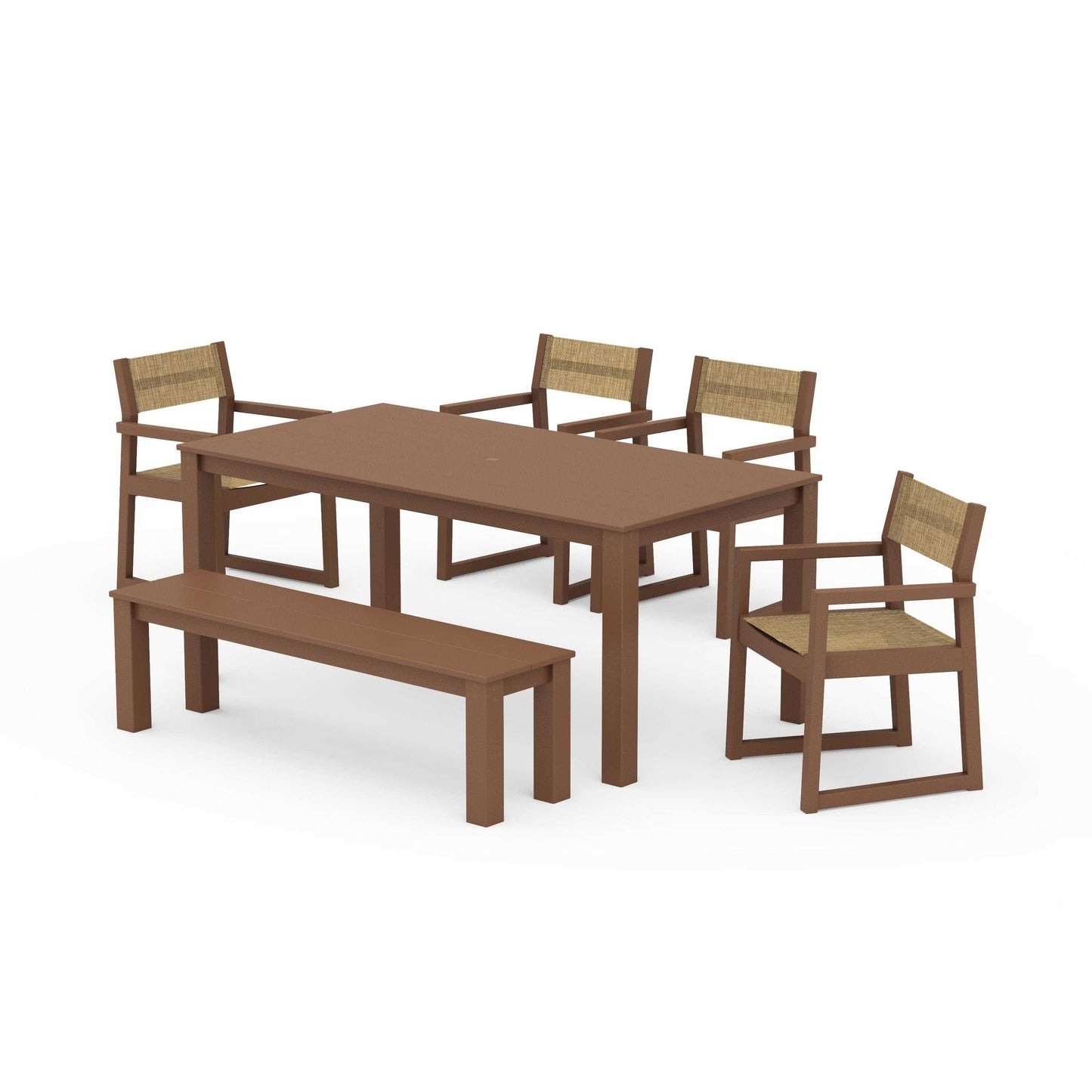 POLYWOOD EDGE Sling Arm Chair 6-Piece Parsons Dining Set with Bench — Teak / Burlap Sling