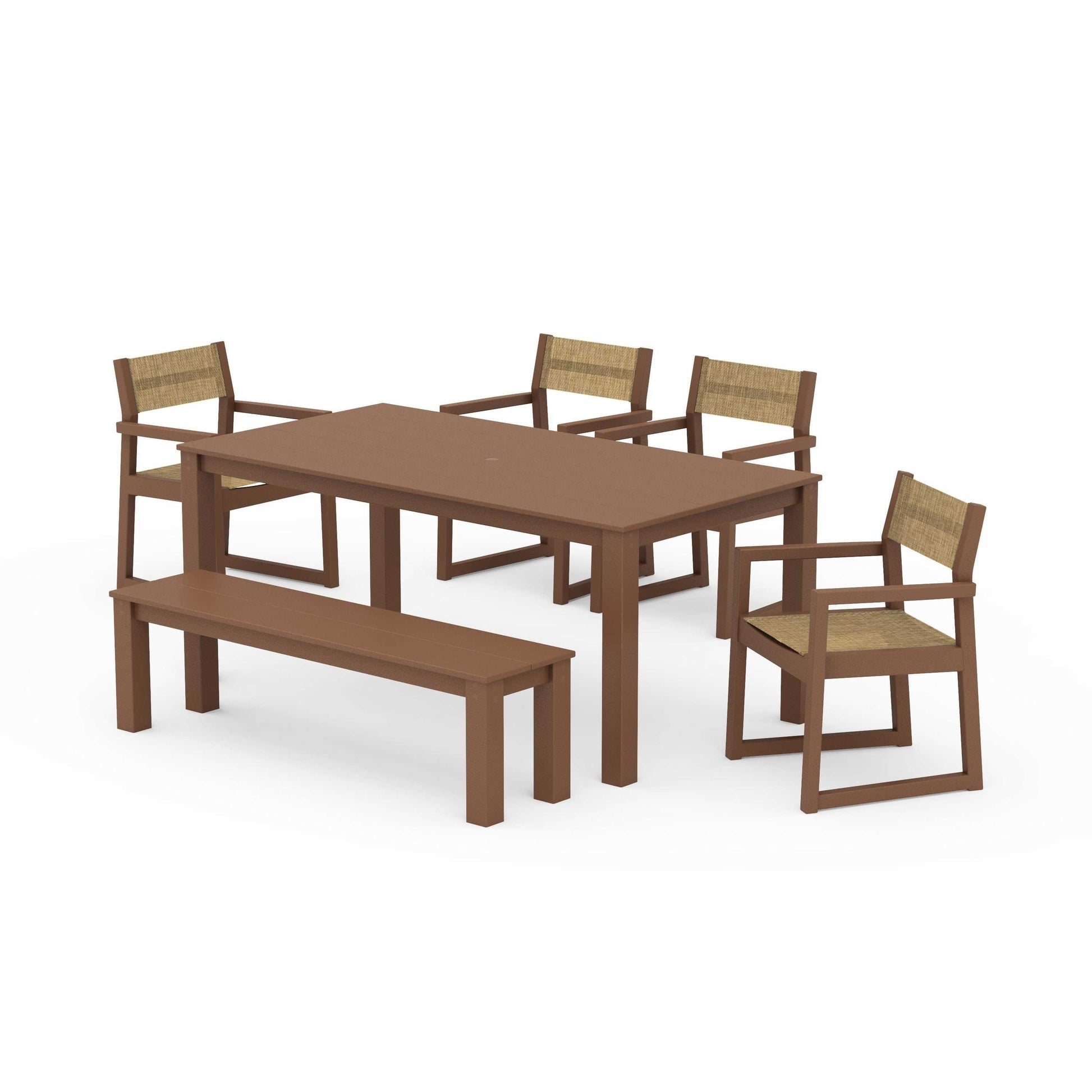 POLYWOOD EDGE Sling Arm Chair 6-Piece Parsons Dining Set with Bench — Teak / Burlap Sling