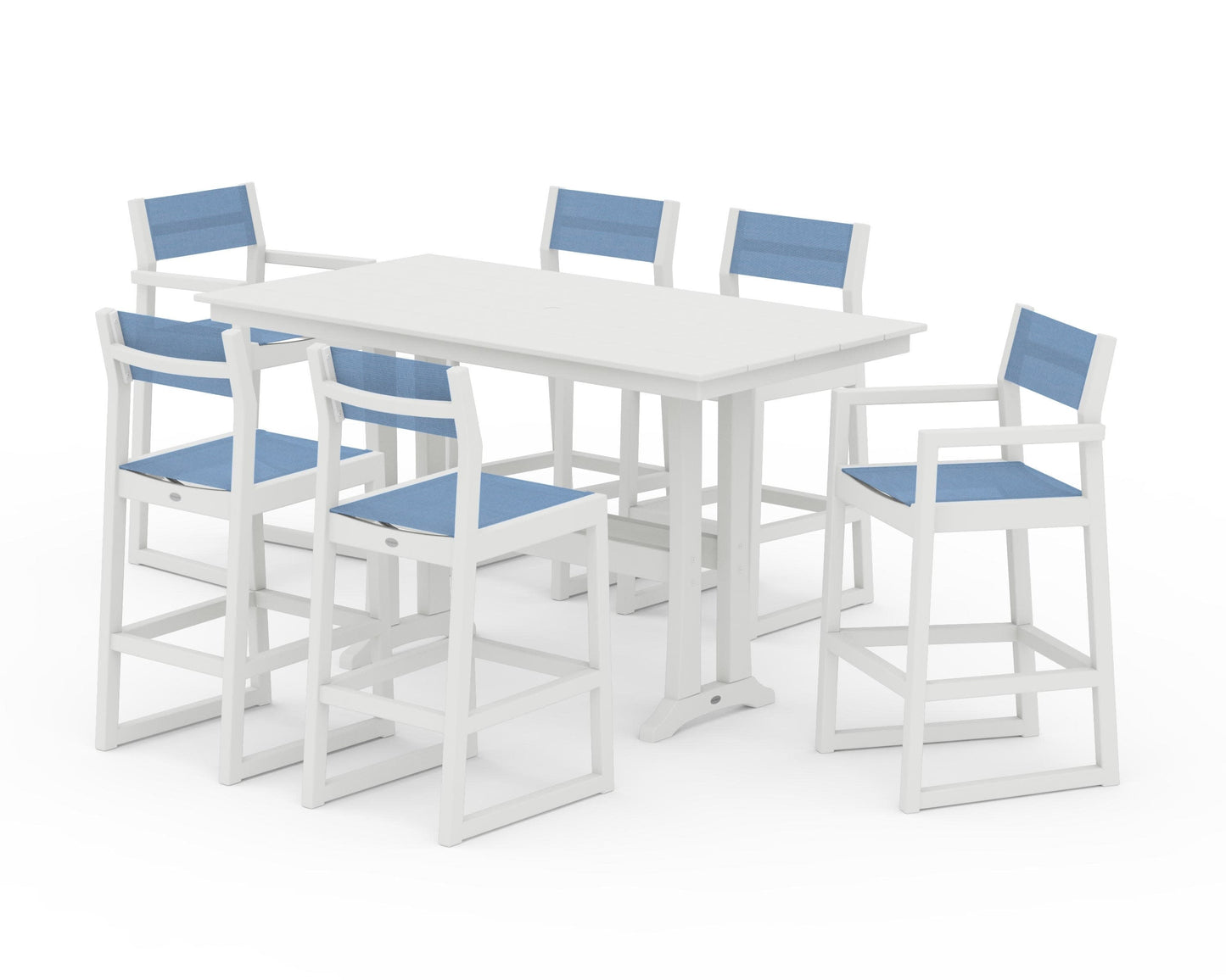 POLYWOOD EDGE Sling 7-Piece Farmhouse Bar Set with Trestle Legs — Vintage White / Poolside Sling