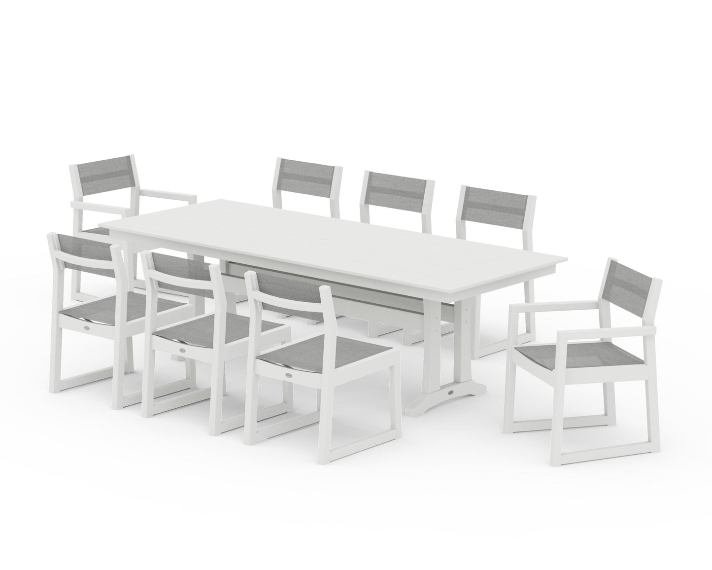 POLYWOOD EDGE Sling 9-Piece Farmhouse Trestle Dining Set — Vintage White / Metallic Sling