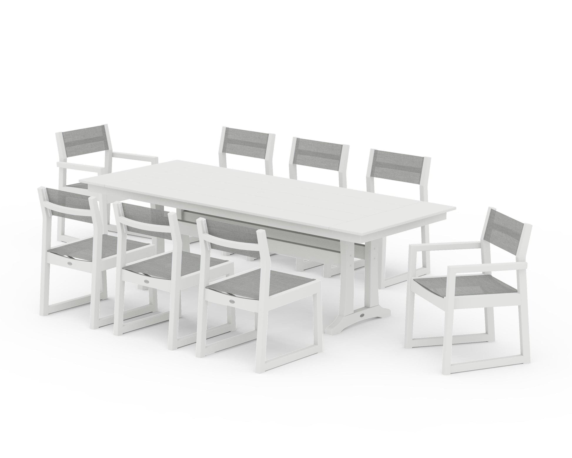 POLYWOOD EDGE Sling 9-Piece Farmhouse Trestle Dining Set — Vintage White / Metallic Sling