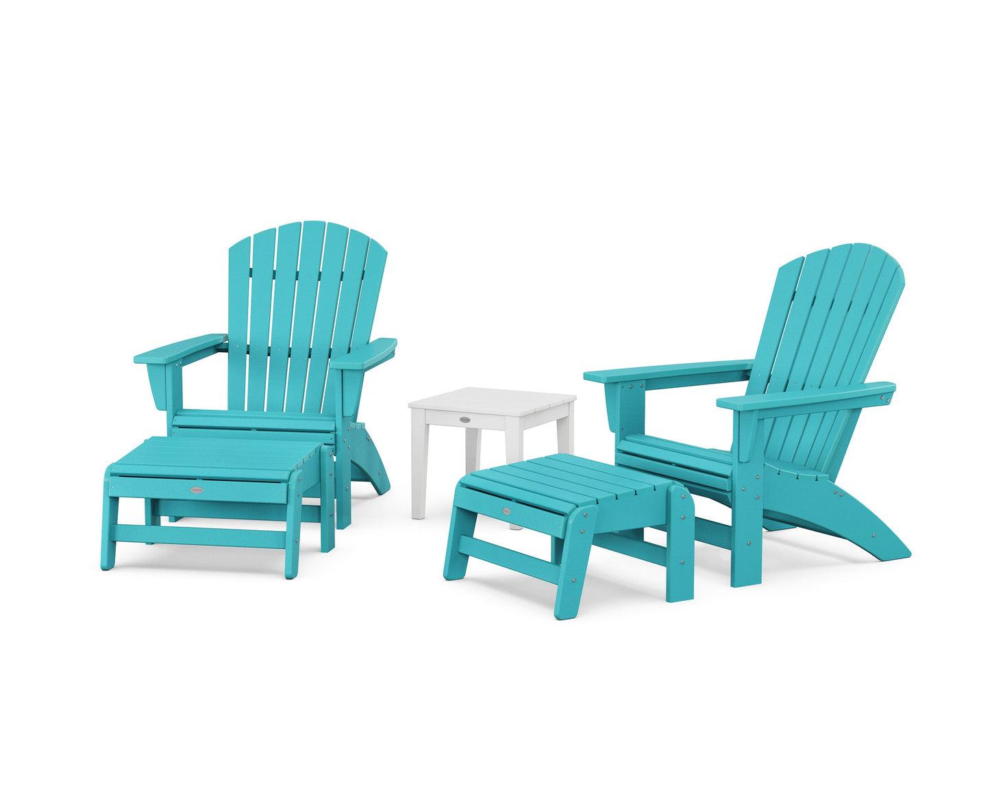 POLYWOOD 5-Piece Nautical Grand Adirondack Set with Ottomans and Side Table — Aruba / White