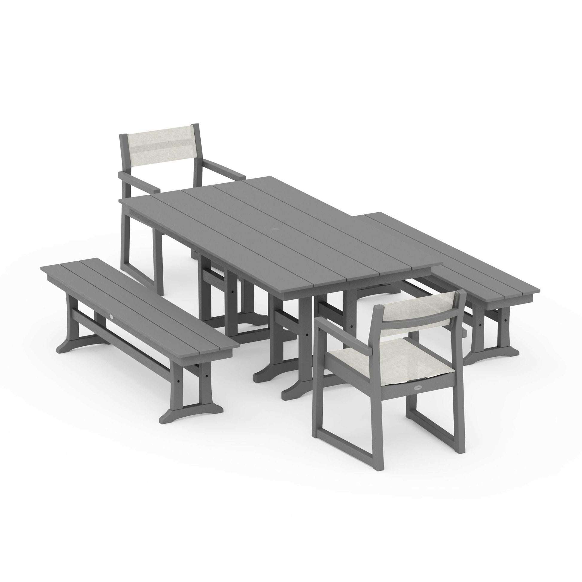 POLYWOOD EDGE Sling Arm Chair 5-Piece Farmhouse Dining Set with Benches — Slate Grey / Parchment Sling