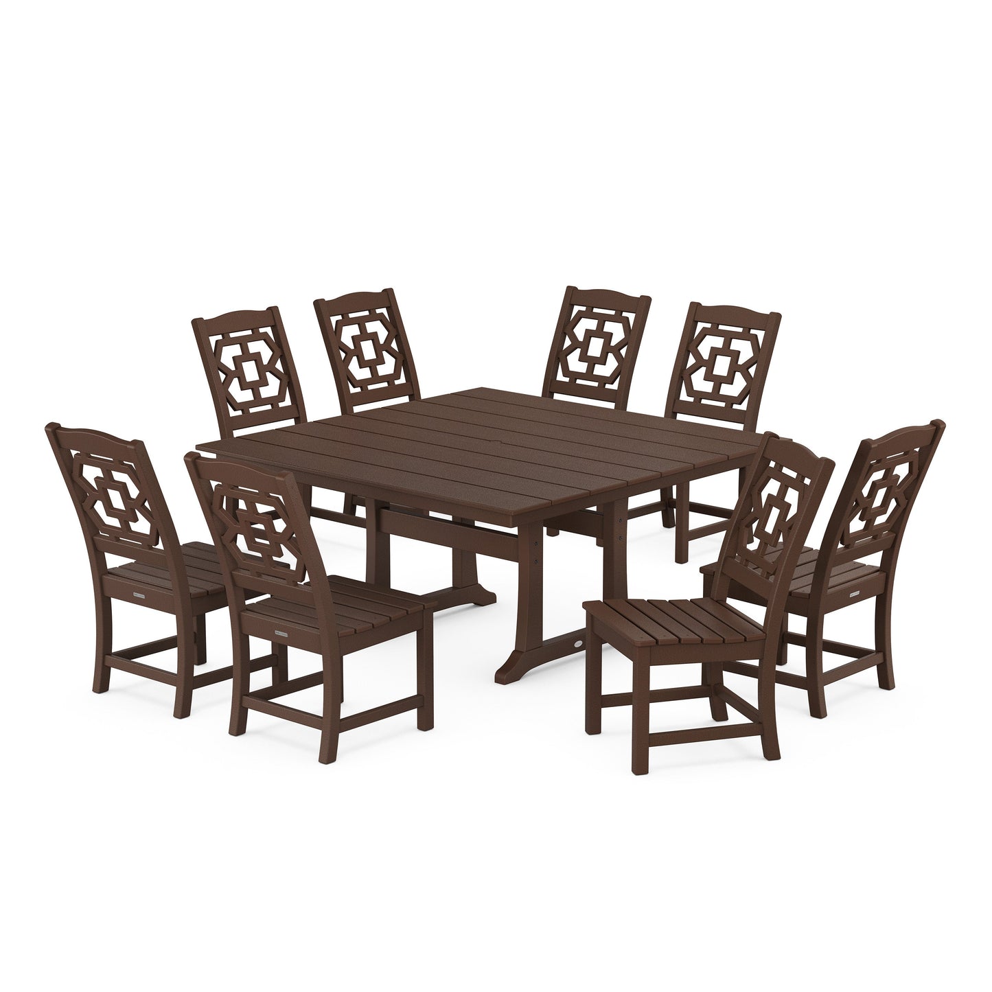 POLYWOOD Chinoiserie 9-Piece Square Farmhouse Side Chair Dining Set with Trestle Legs — Mahogany