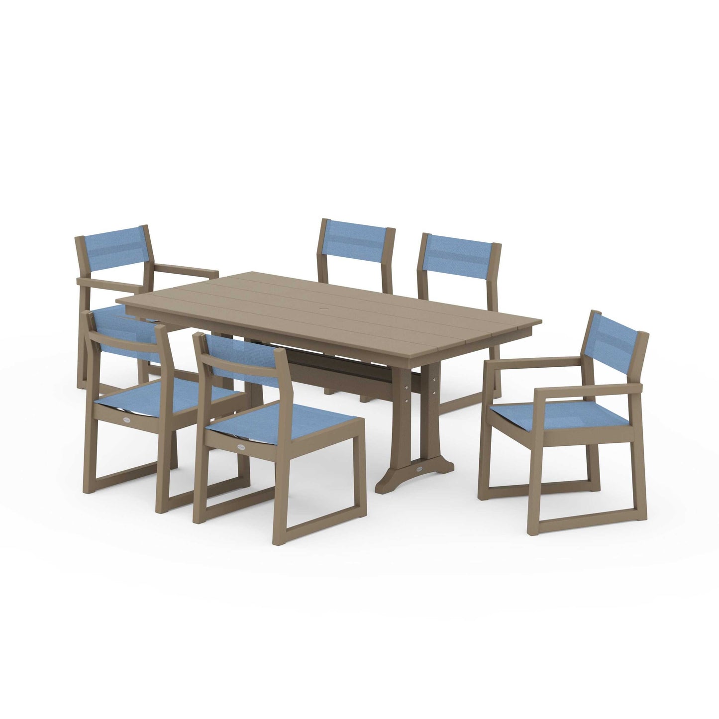 POLYWOOD EDGE Sling 7-Piece Farmhouse Trestle Dining Set — Vintage Sahara / Poolside Sling