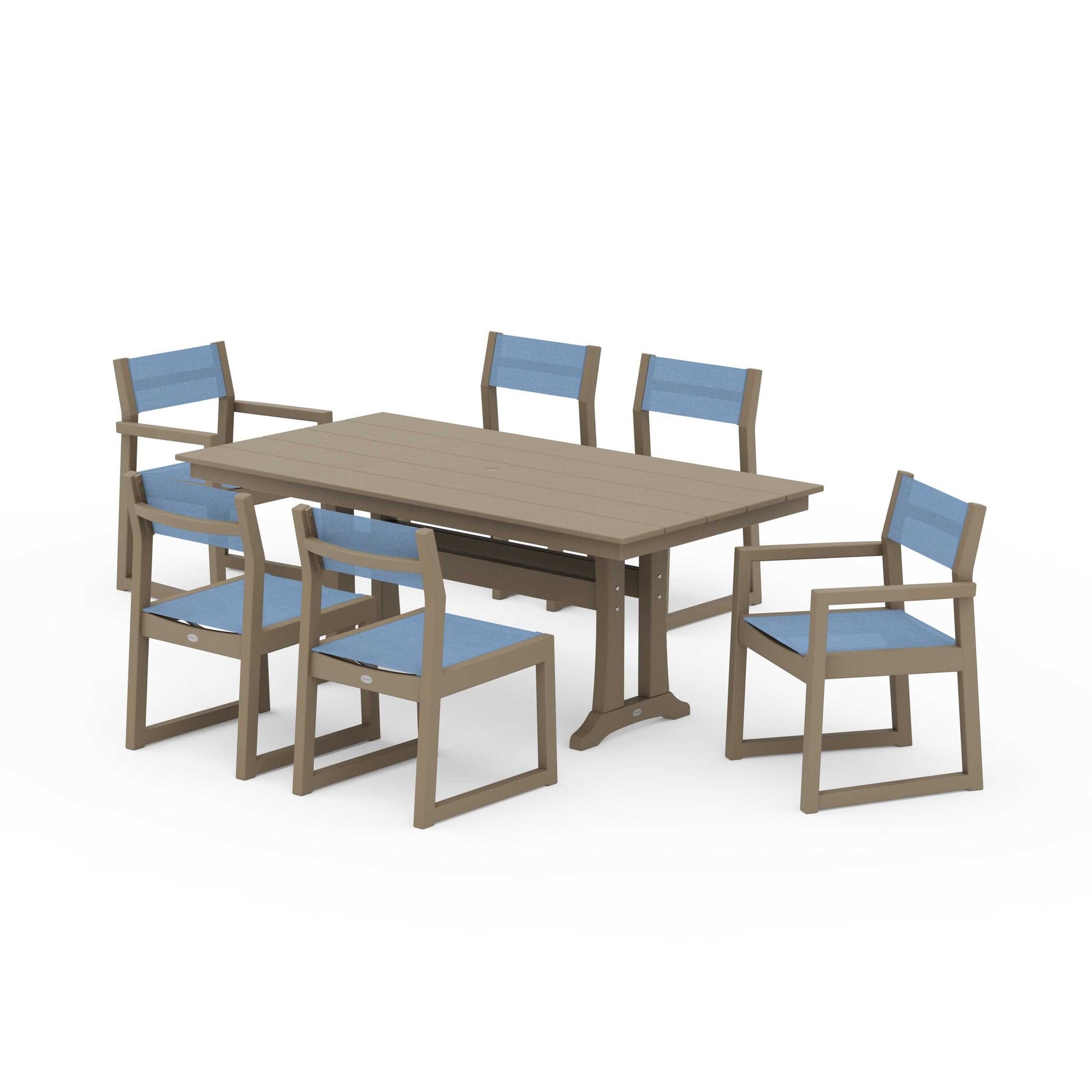 POLYWOOD EDGE Sling 7-Piece Farmhouse Trestle Dining Set — Vintage Sahara / Poolside Sling