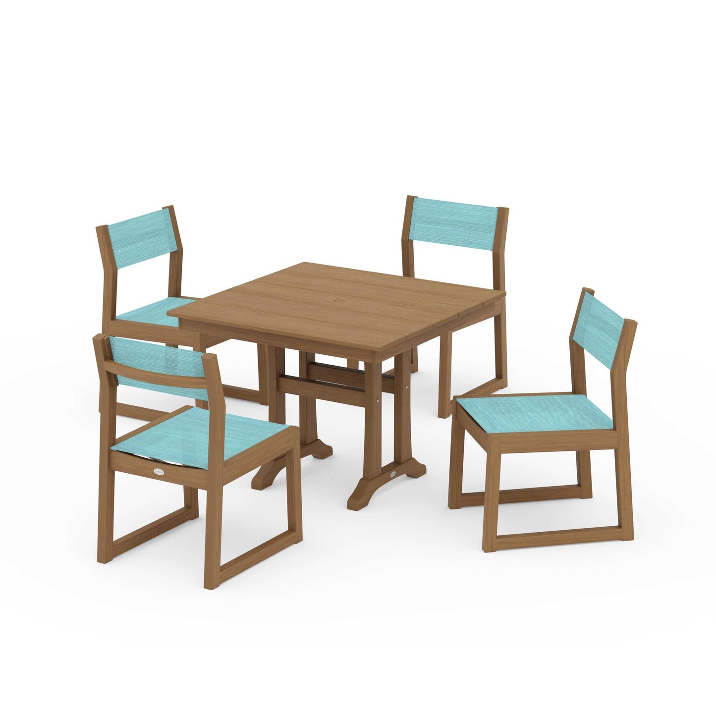 POLYWOOD EDGE Sling 5-Piece Farmhouse Trestle Side Chair Dining Set — Natural / Dupioni Aquamarine Sling