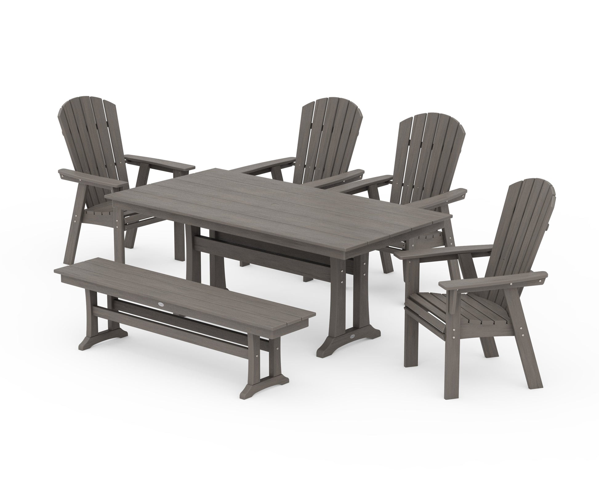 POLYWOOD Nautical Curveback Adirondack 6-Piece Farmhouse Dining Set with Trestle Legs and Bench — Driftwood