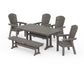 POLYWOOD Nautical Curveback Adirondack 6-Piece Farmhouse Dining Set with Trestle Legs and Bench — Driftwood