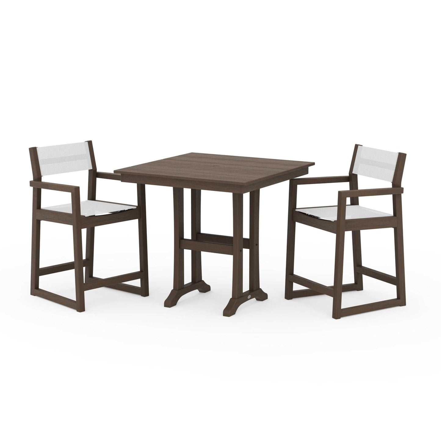 POLYWOOD EDGE Sling Arm Chair 3-Piece Farmhouse Counter Set with Trestle Legs — Kona / White Sling