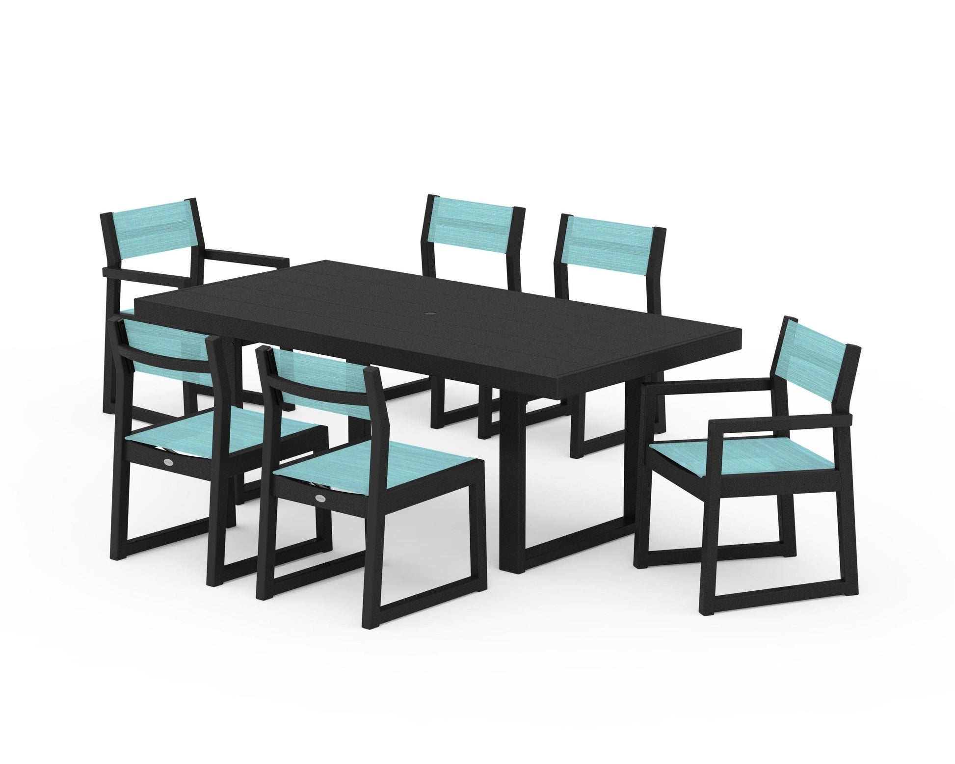 POLYWOOD EDGE Sling 7-Piece Dining Set — Black / Dupioni Aquamarine Sling