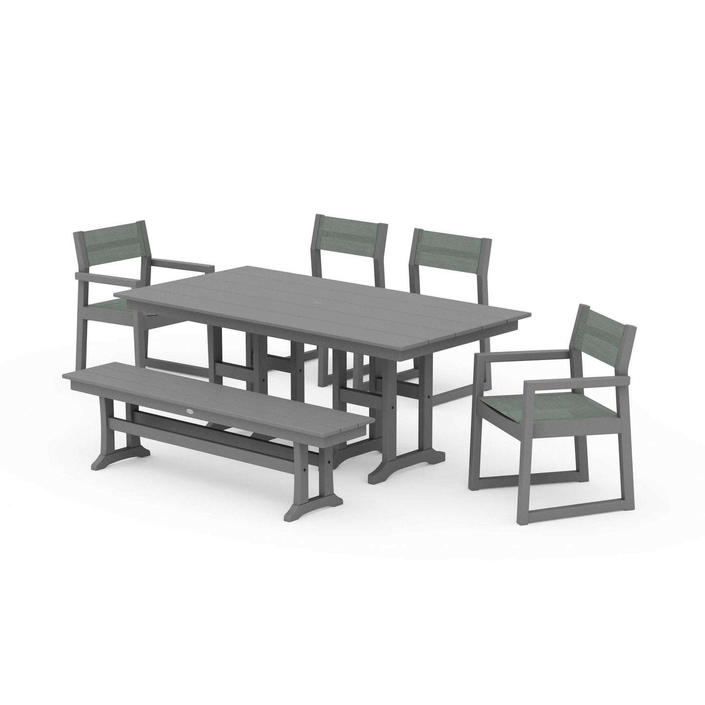 POLYWOOD EDGE Sling 6-Piece Farmhouse Dining Set — Slate Grey / Dupioni Sea Mist Sling