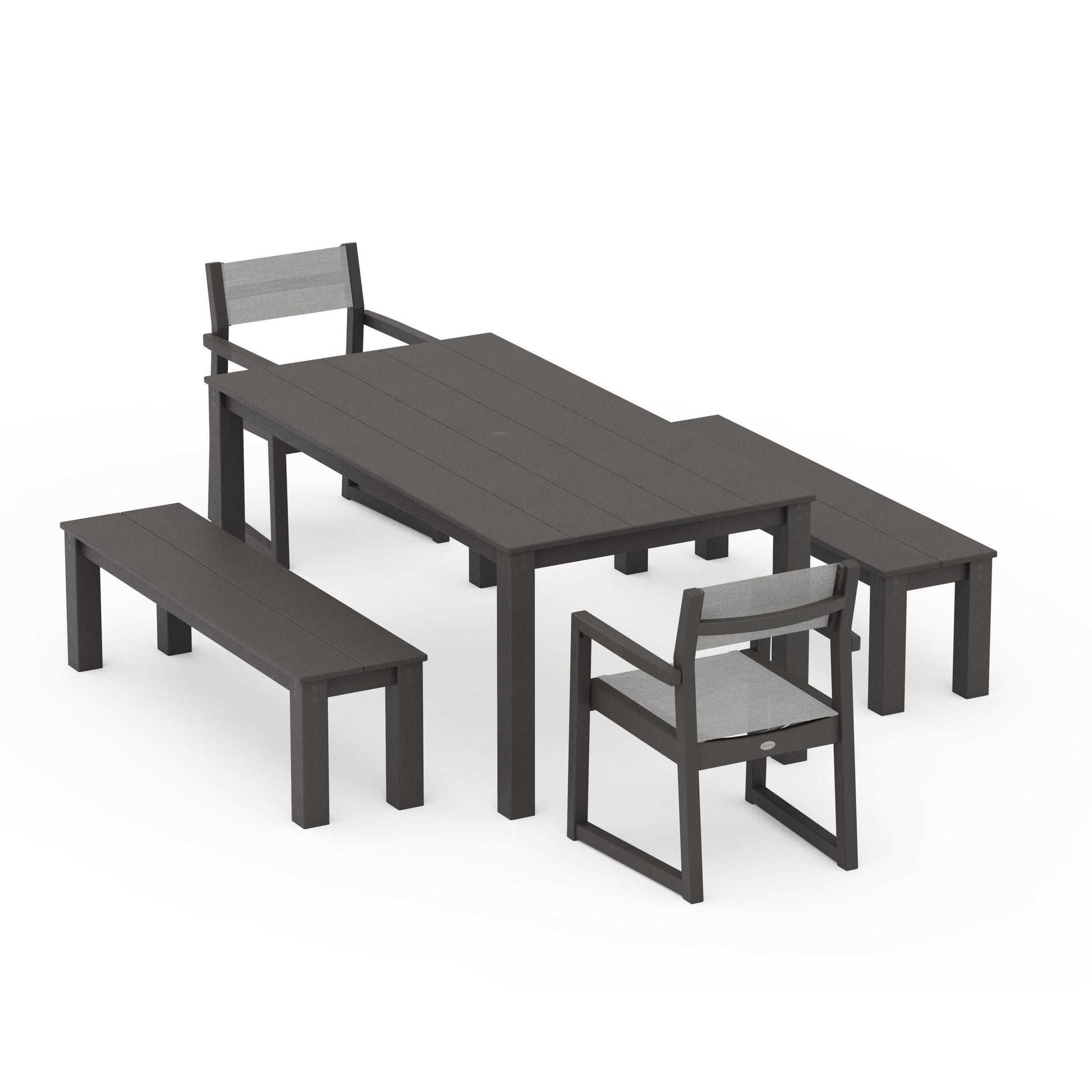 POLYWOOD EDGE Sling Arm Chair 5-Piece Parsons Dining Set with Benches — Vintage Coffee / Metallic Sling