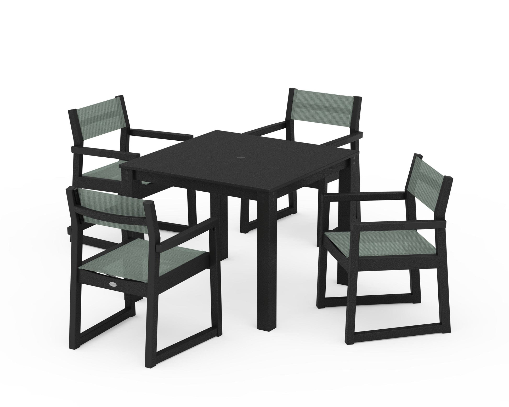 POLYWOOD EDGE Sling Arm Chair 5-Piece Parsons Dining Set — Black / Dupioni Sea Mist Sling
