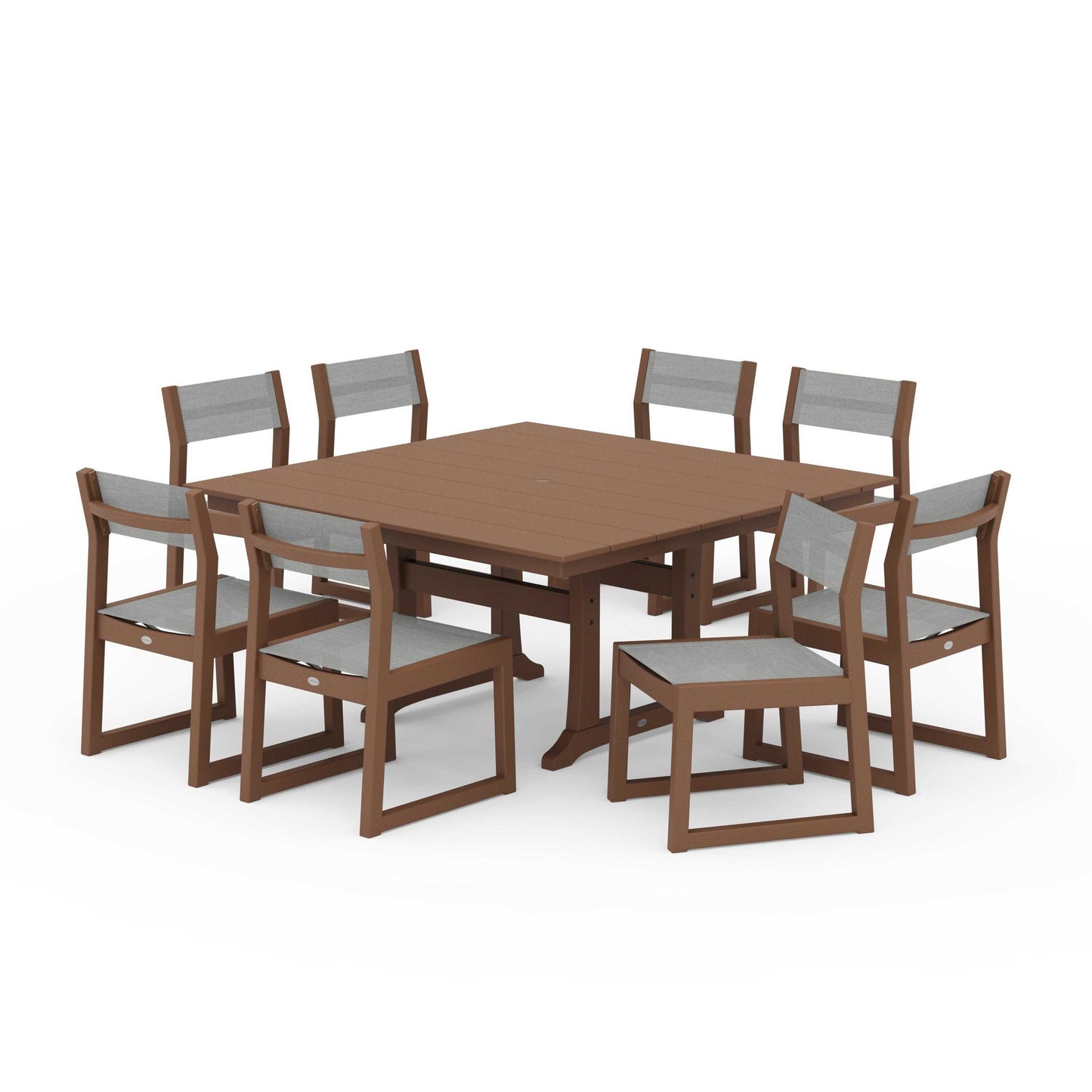 POLYWOOD EDGE Sling Side Chair 9-Piece Farmhouse Trestle Dining Set — Teak / Metallic Sling