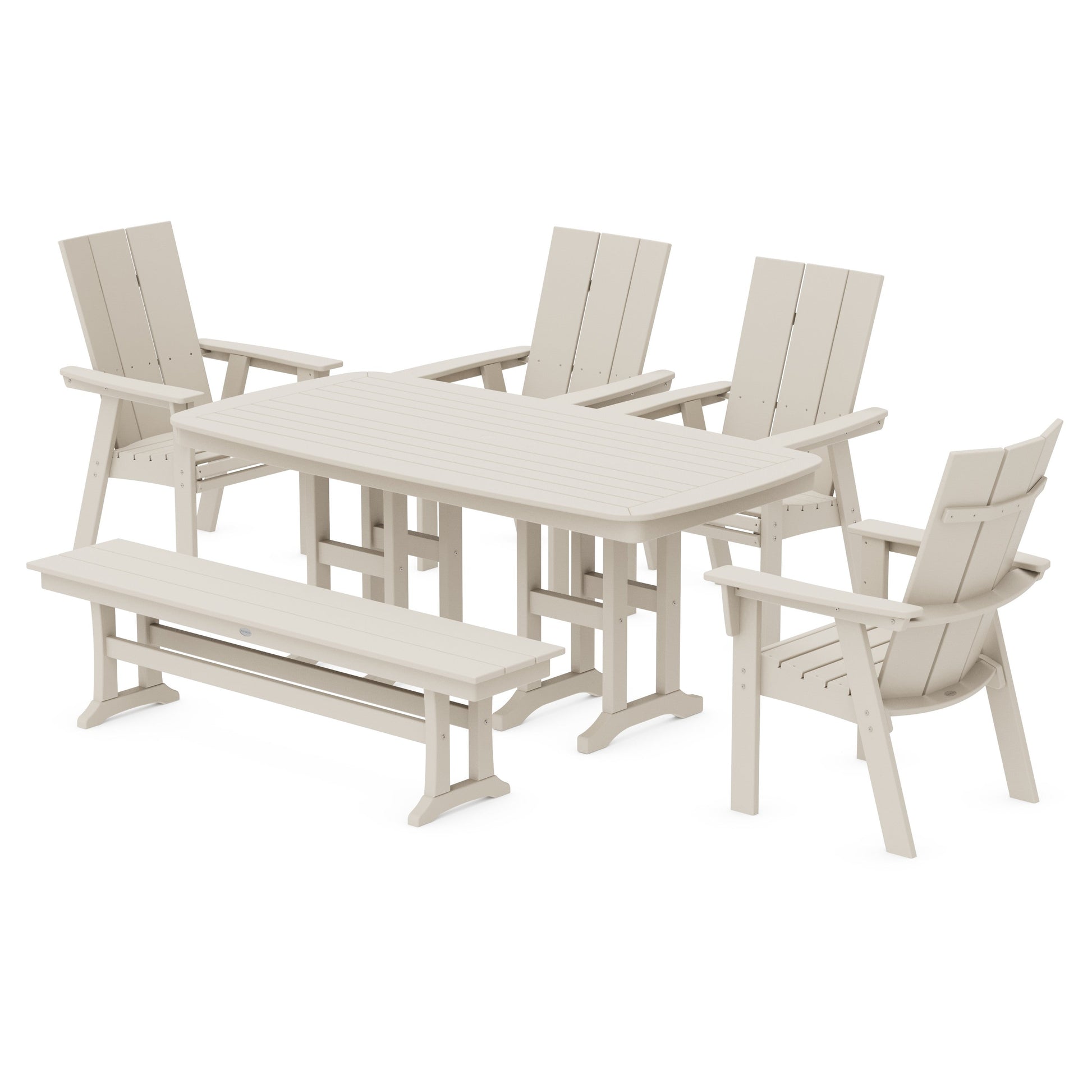 POLYWOOD Modern Curveback Adirondack 6-Piece Dining Set with Bench — Sand