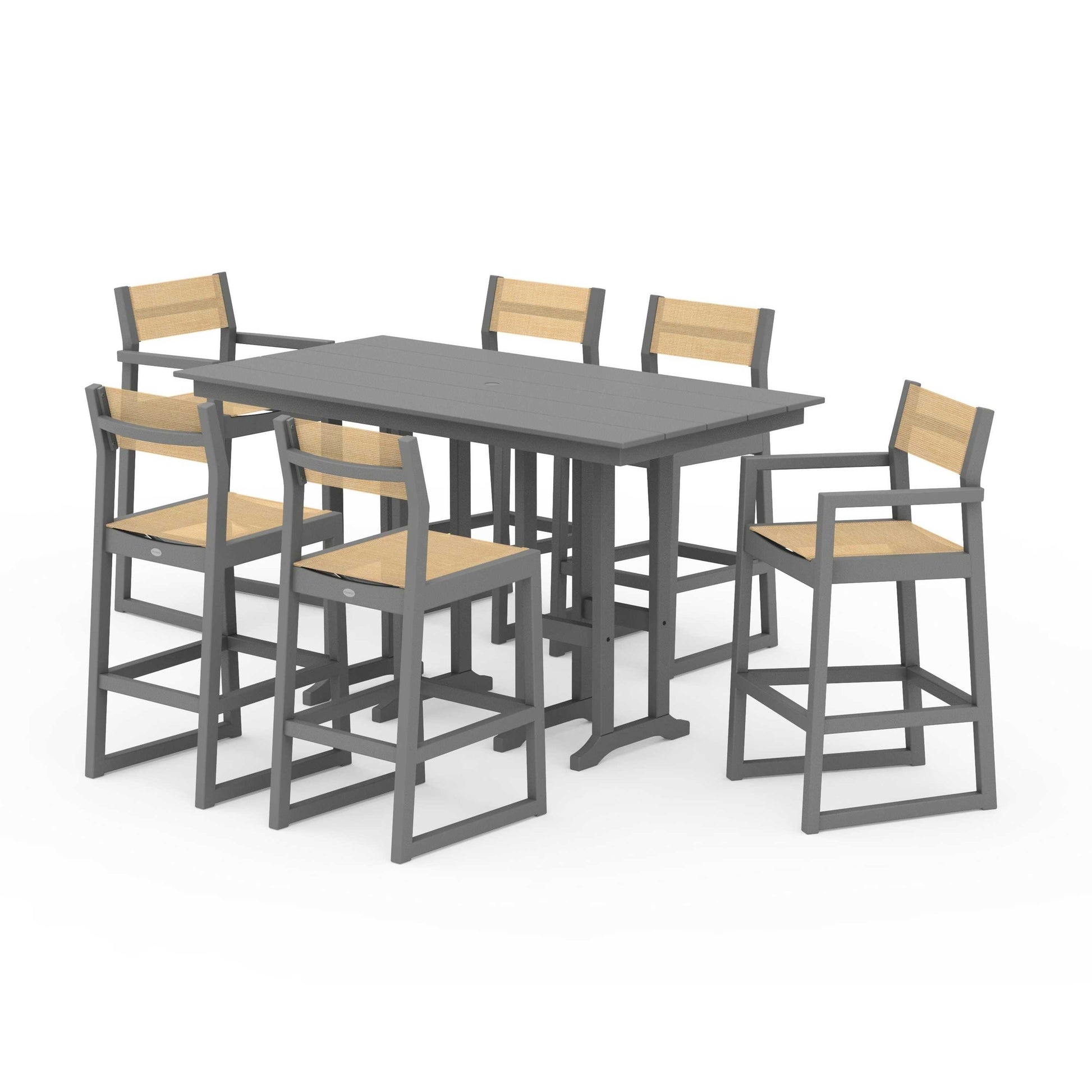 POLYWOOD EDGE Sling 7-Piece Farmhouse Bar Set — Slate Grey / Dupioni Apricot Sling