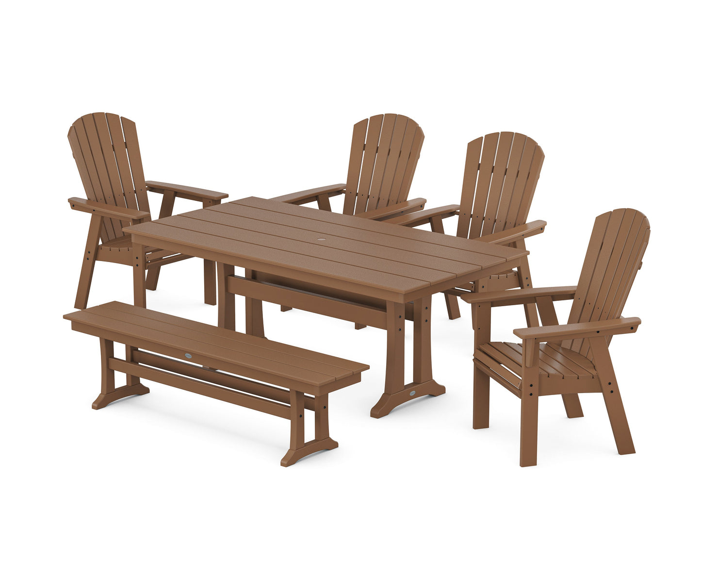 POLYWOOD Nautical Curveback Adirondack 6-Piece Farmhouse Dining Set with Trestle Legs and Bench — Teak