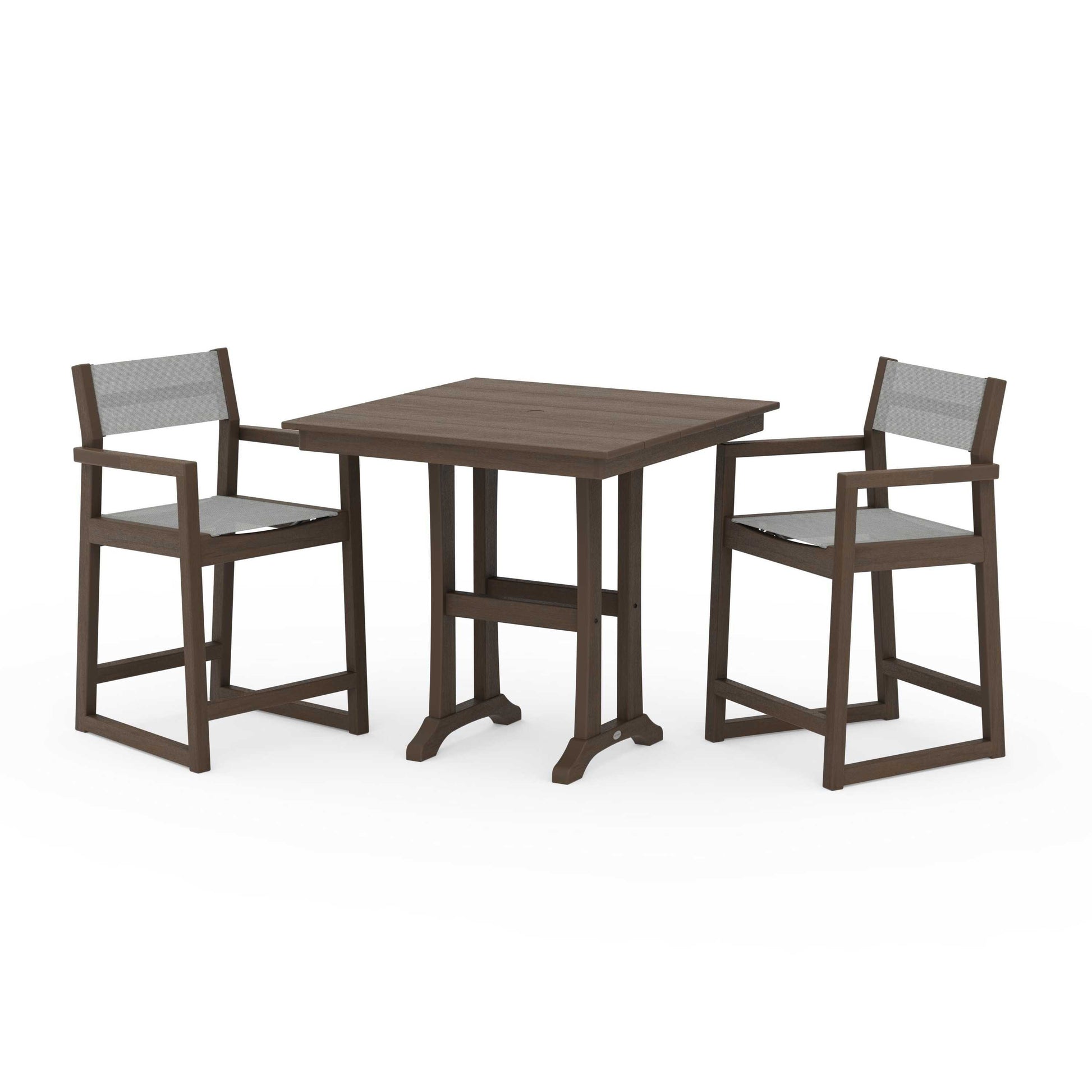 POLYWOOD EDGE Sling Arm Chair 3-Piece Farmhouse Counter Set with Trestle Legs — Kona / Metallic Sling