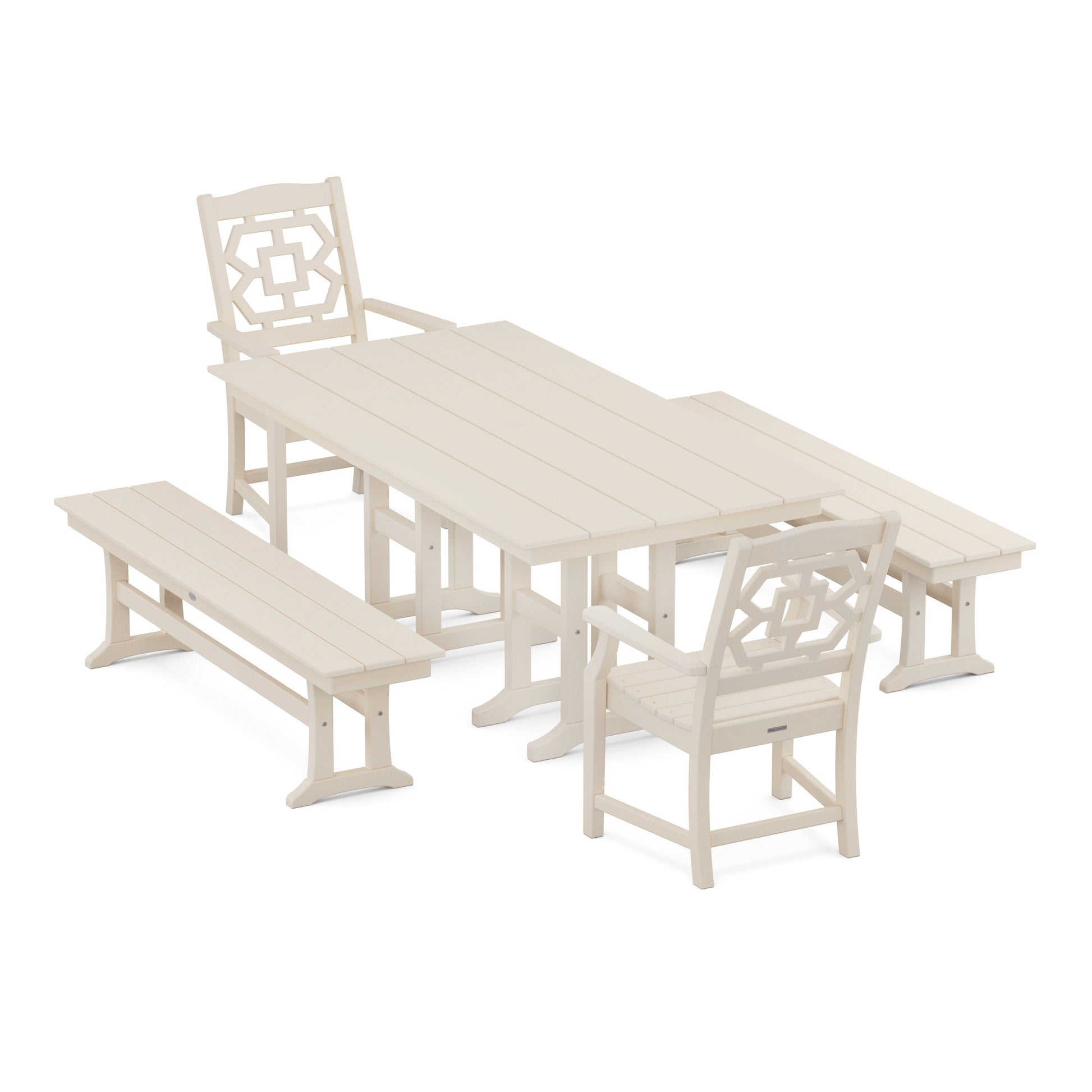 POLYWOOD Chinoiserie 5-Piece Farmhouse Dining Set with Benches — Sand