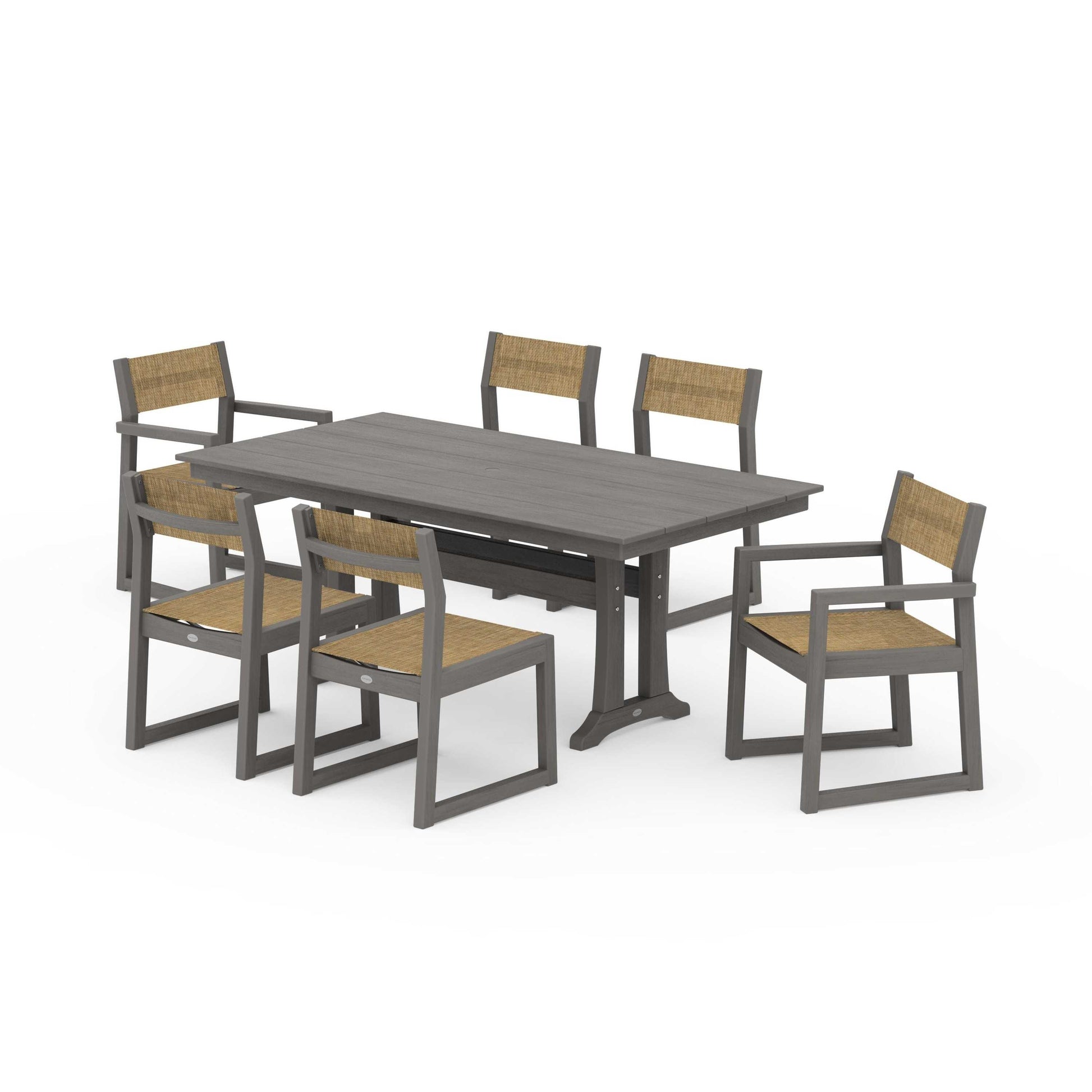 POLYWOOD EDGE Sling 7-Piece Farmhouse Trestle Dining Set — Driftwood / Burlap Sling