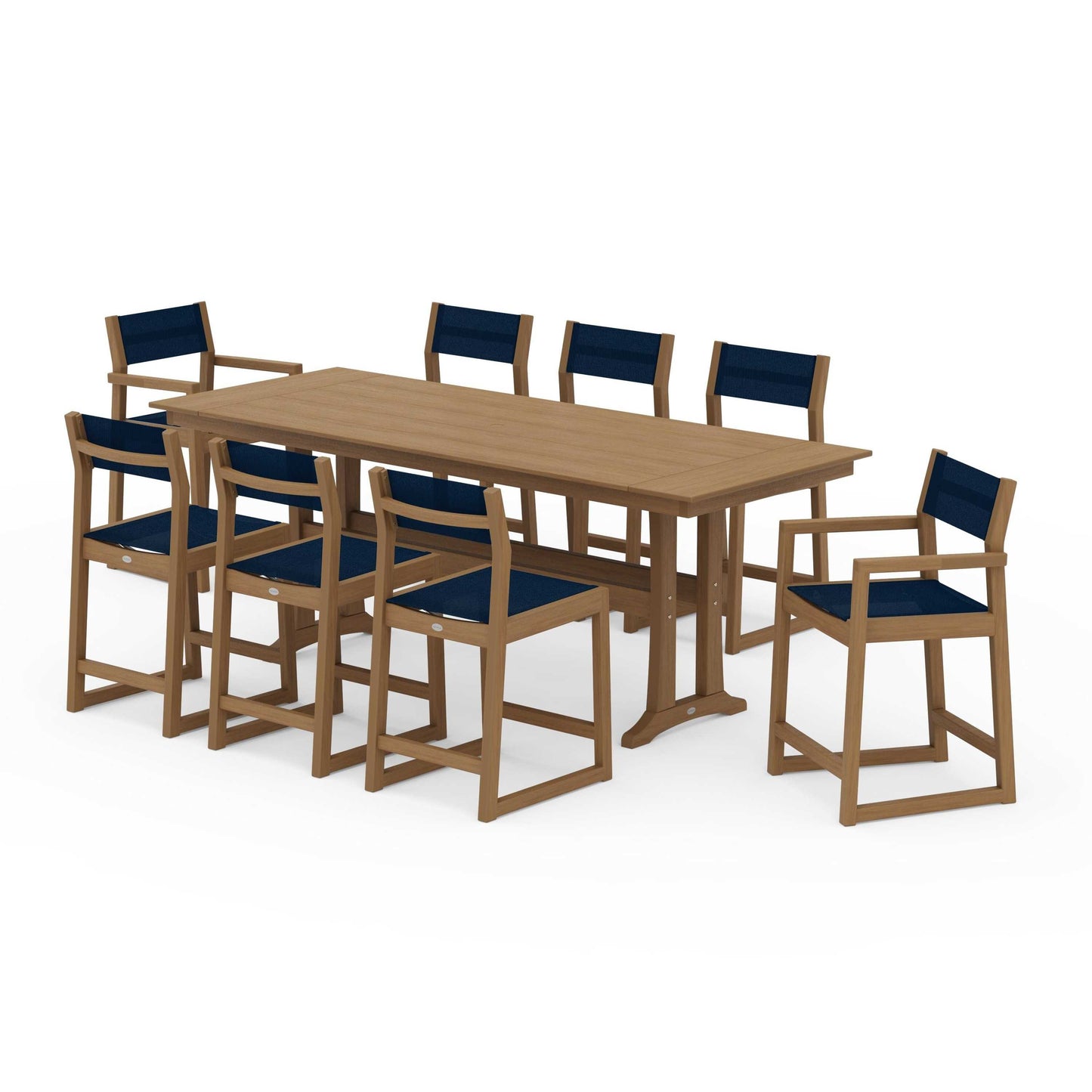 POLYWOOD EDGE Sling 9-Piece Farmhouse Counter Set with Trestle Legs — Natural / Navy Blue Sling