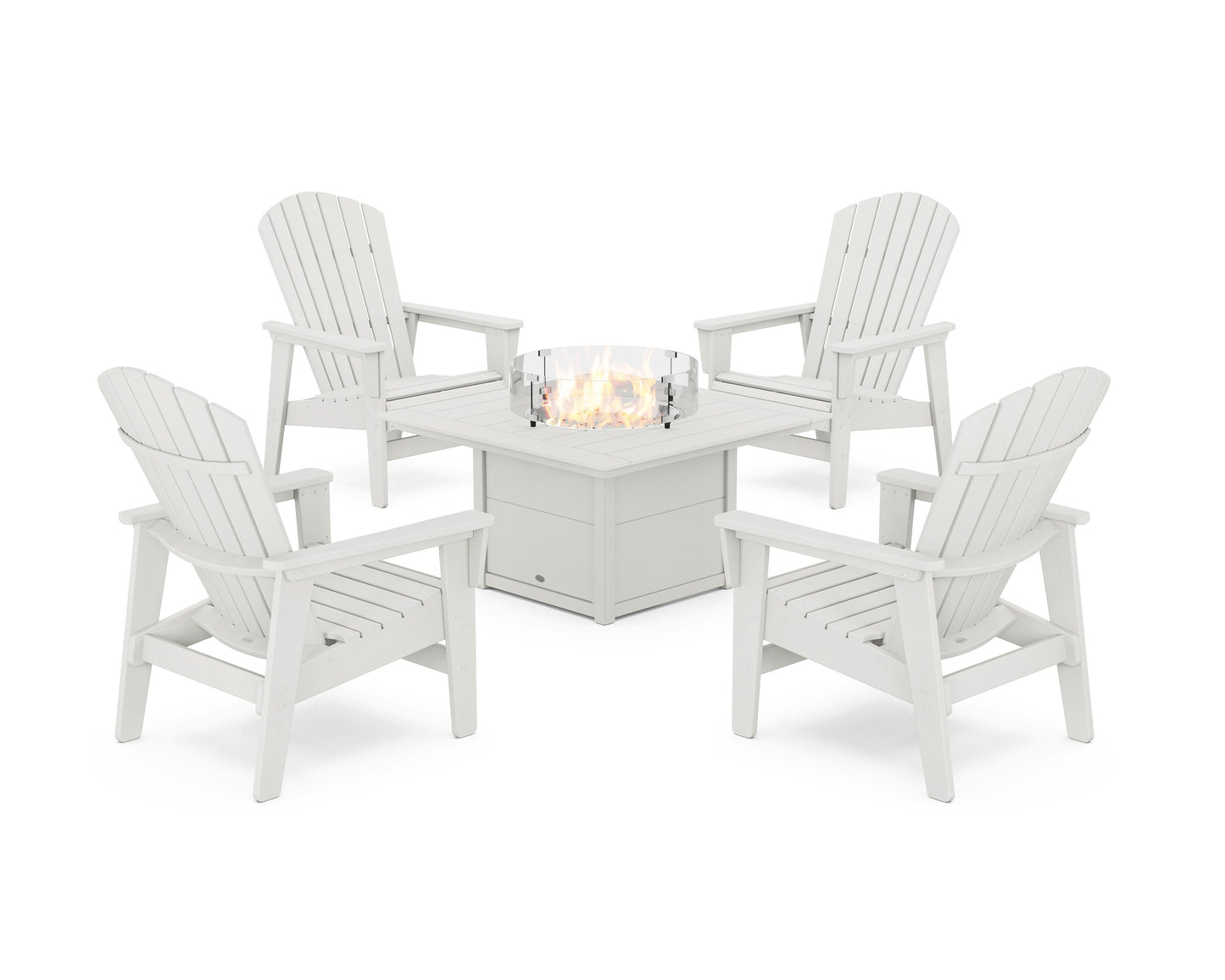 POLYWOOD 5-Piece Nautical Grand Upright Adirondack Conversation Set with Fire Pit Table — Vintage White