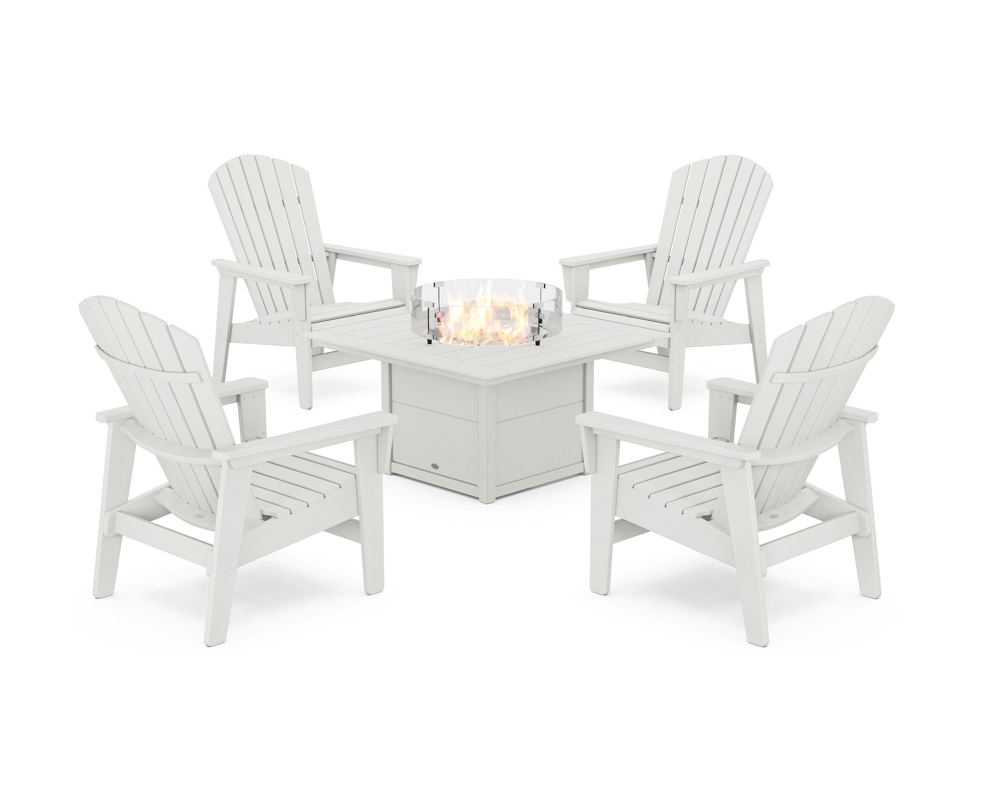 POLYWOOD 5-Piece Nautical Grand Upright Adirondack Conversation Set with Fire Pit Table — Vintage White