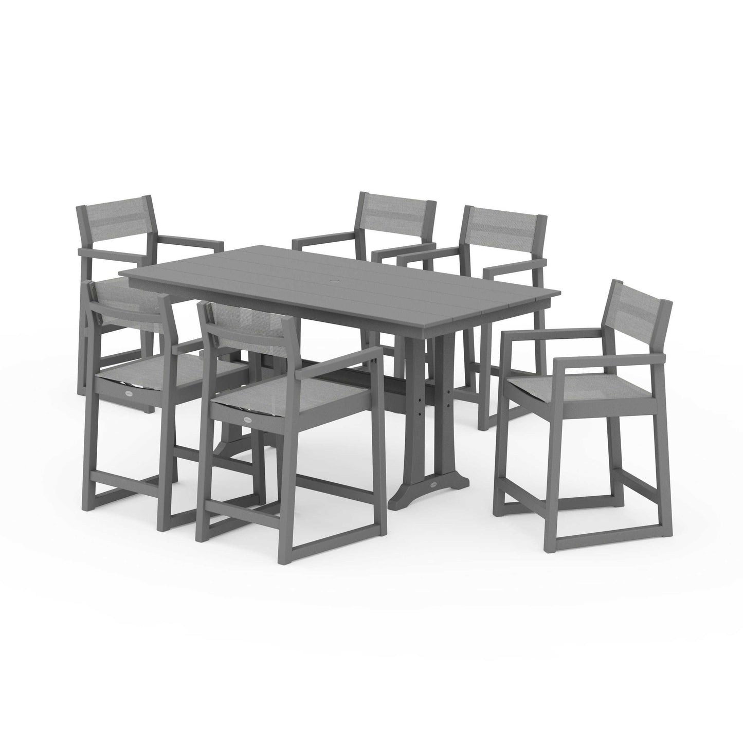 POLYWOOD EDGE Sling Arm Chair 7-Piece Farmhouse Counter Set with Trestle Legs — Slate Grey / Metallic Sling