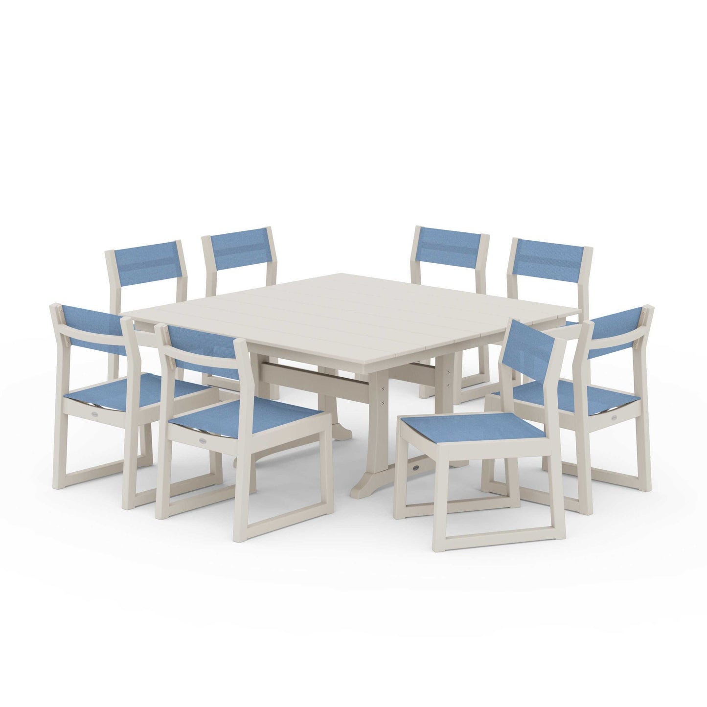 POLYWOOD EDGE Sling Side Chair 9-Piece Farmhouse Trestle Dining Set — Sand / Poolside Sling