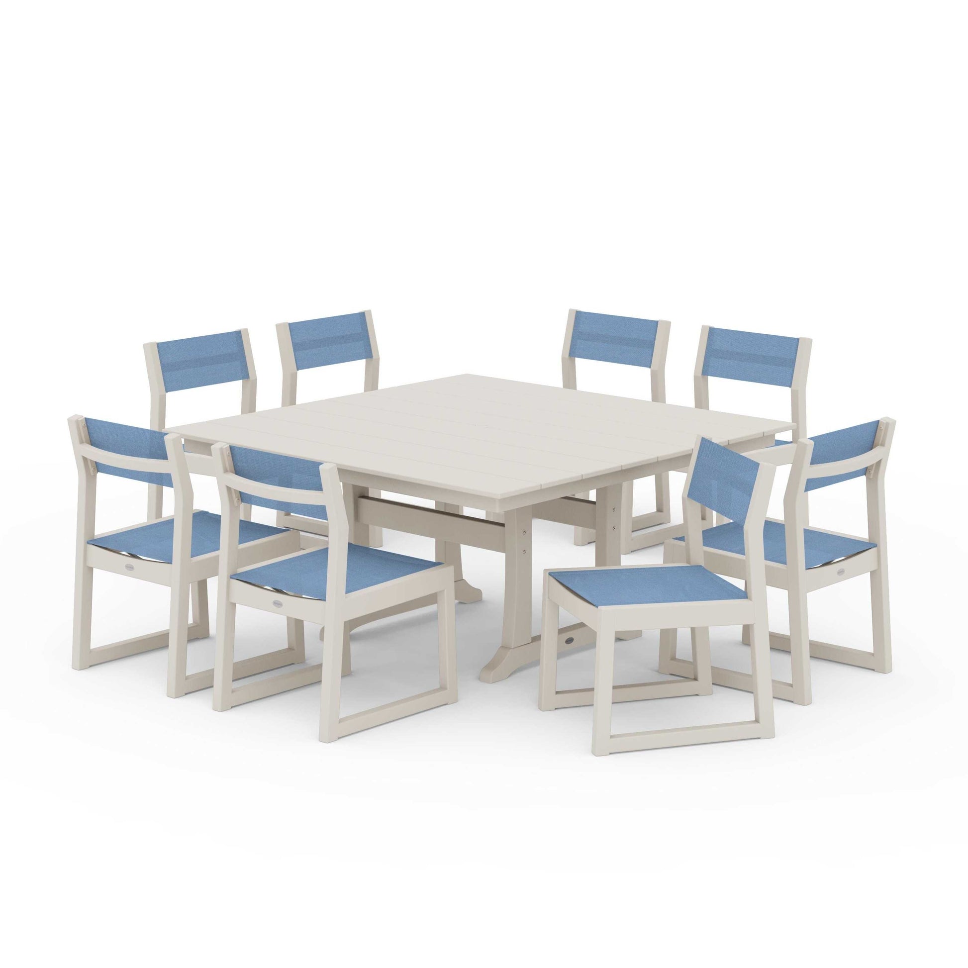 POLYWOOD EDGE Sling Side Chair 9-Piece Farmhouse Trestle Dining Set — Sand / Poolside Sling