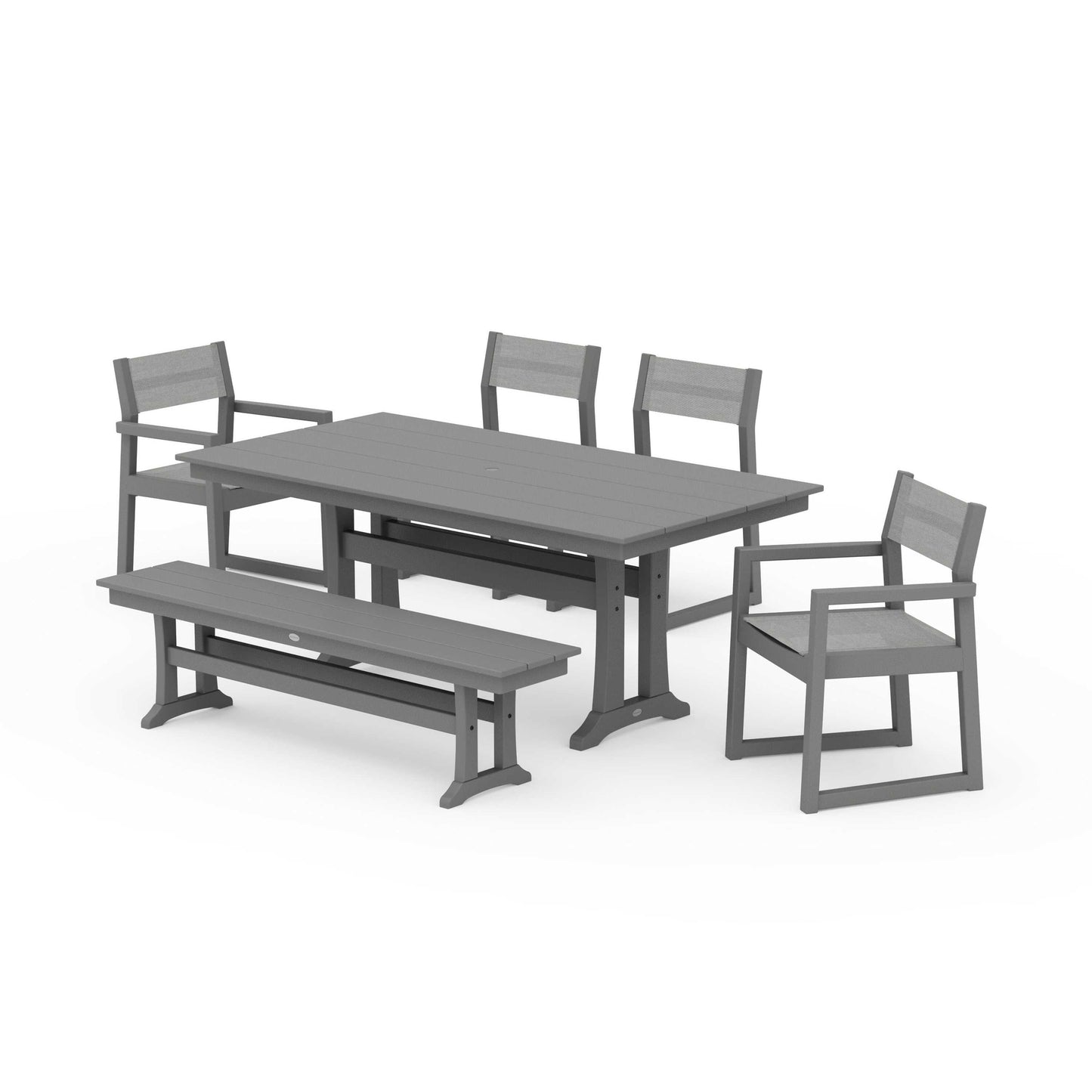 POLYWOOD EDGE Sling 6-Piece Farmhouse Dining Set With Trestle Legs — Slate Grey / Metallic Sling