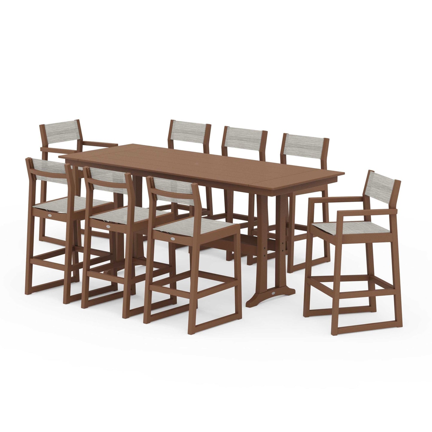 POLYWOOD EDGE Sling 9-Piece Farmhouse Bar Set with Trestle Legs — Teak / Birch Sling