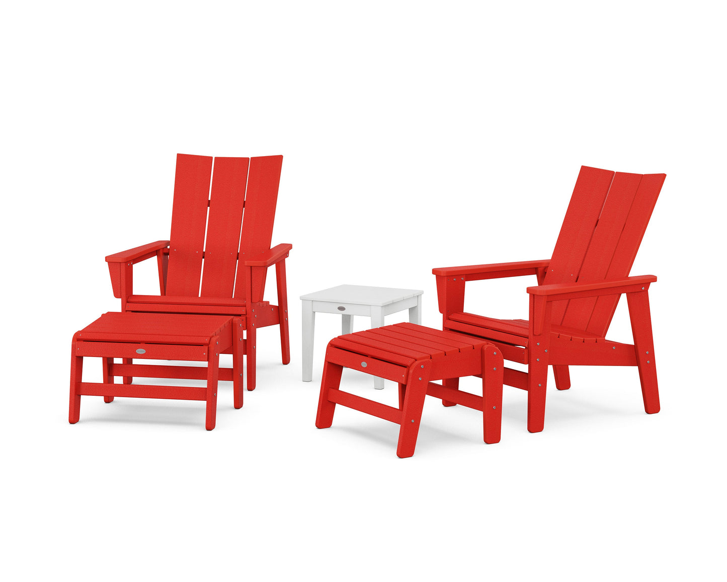 POLYWOOD 5-Piece Modern Grand Upright Adirondack Set with Ottomans and Side Table — Sunset Red / White