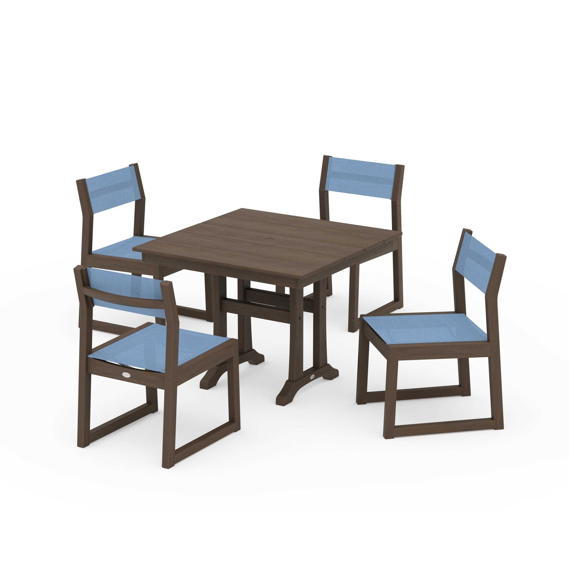 POLYWOOD EDGE Sling 5-Piece Farmhouse Trestle Side Chair Dining Set — Kona / Poolside Sling