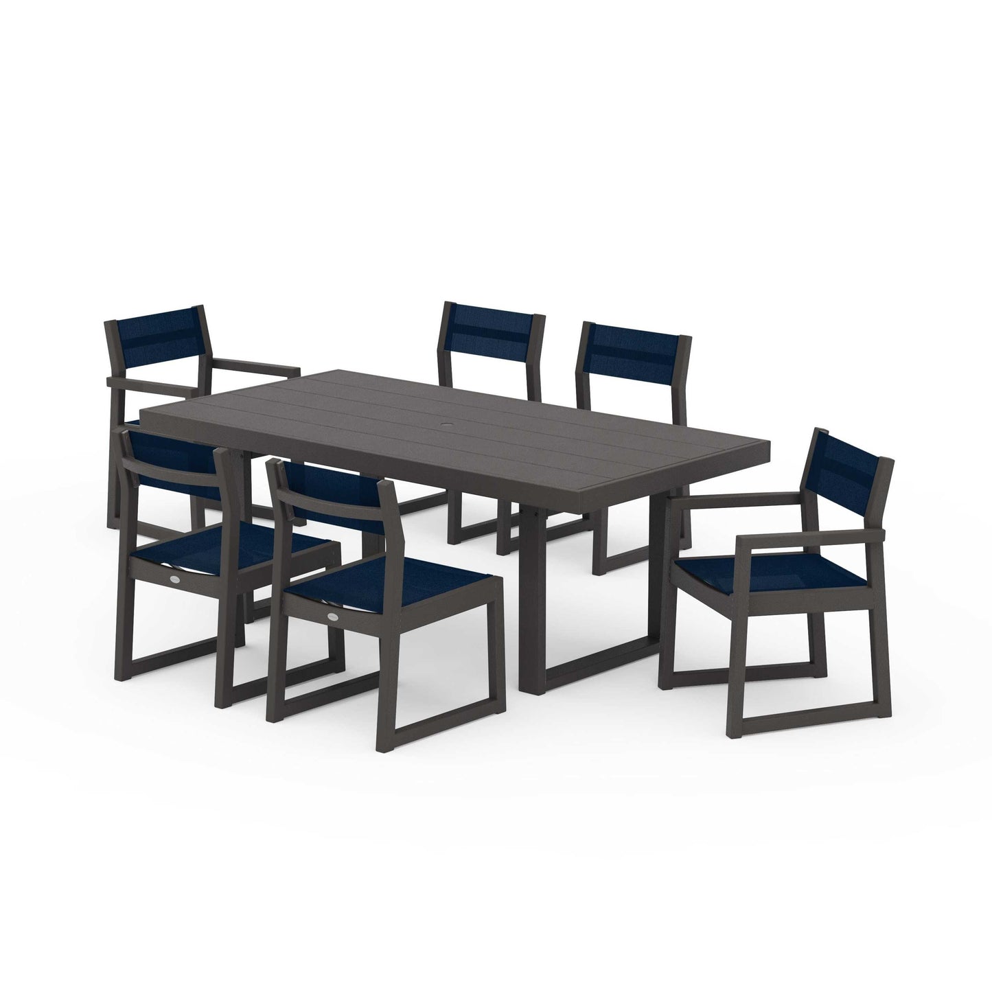 POLYWOOD EDGE Sling 7-Piece Dining Set — Vintage Coffee / Navy Blue Sling