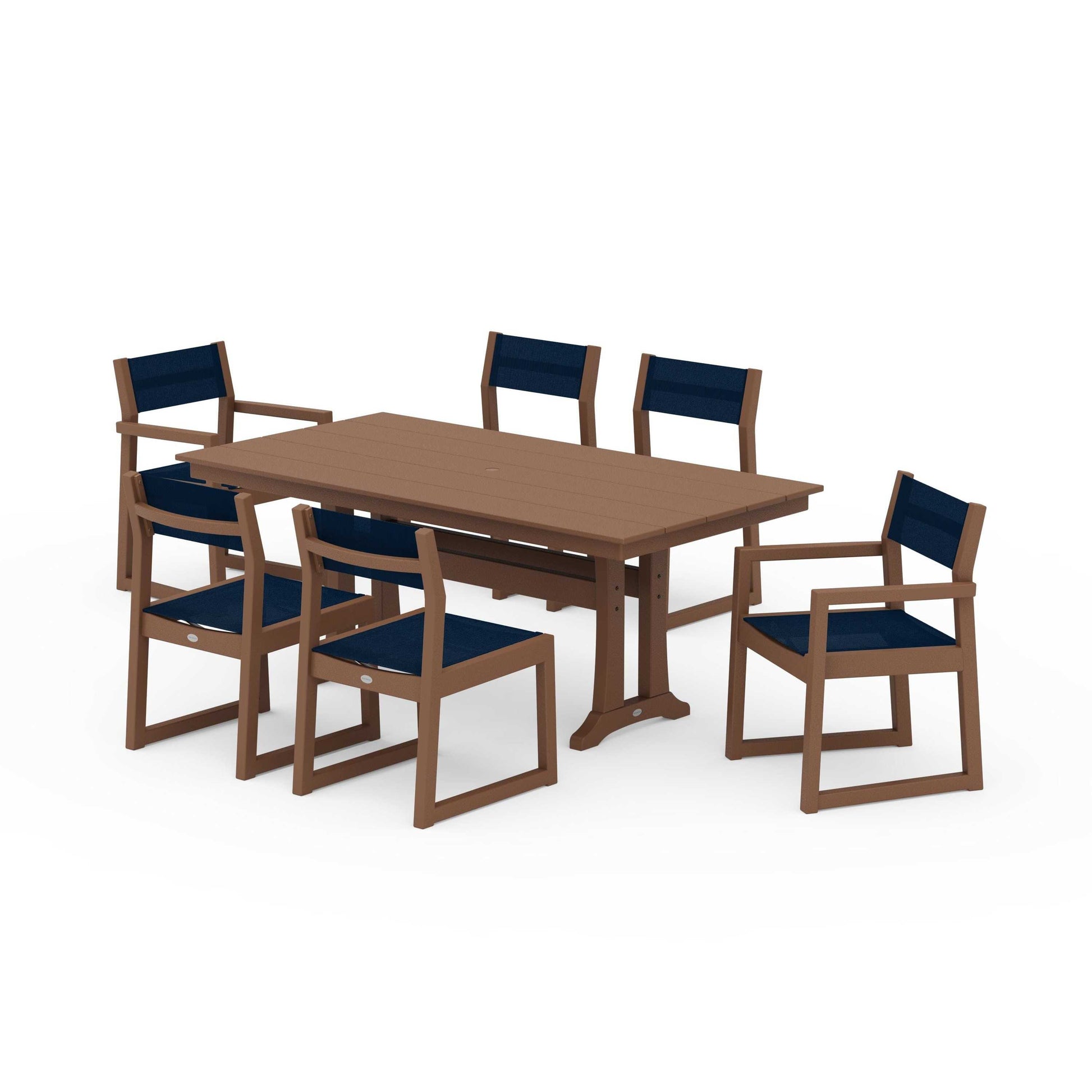 POLYWOOD EDGE Sling 7-Piece Farmhouse Trestle Dining Set — Teak / Navy Blue Sling