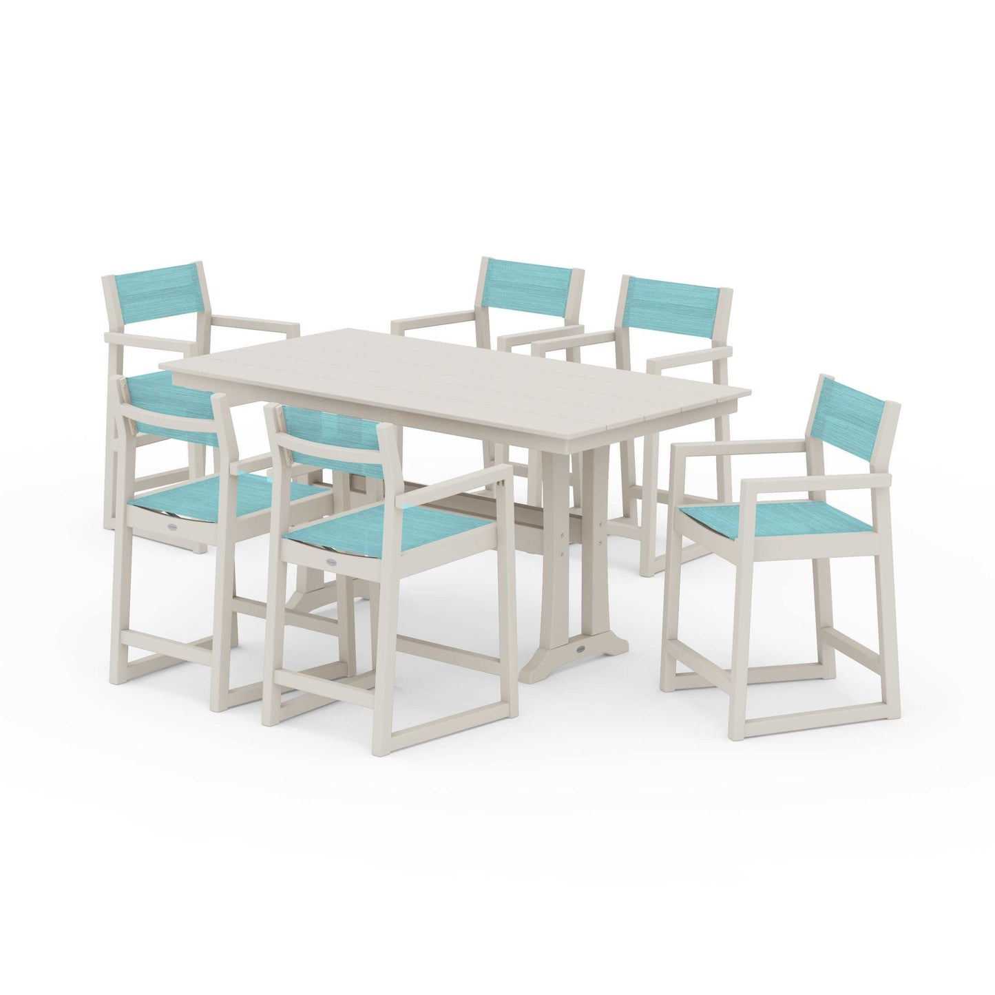 POLYWOOD EDGE Sling Arm Chair 7-Piece Farmhouse Counter Set with Trestle Legs — Sand / Dupioni Aquamarine Sling